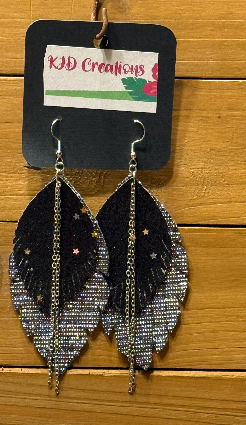 Boho Western Faux Leather Fringe Teardrop Dangle Earrings - Black Glitter Metallic Star with Crystal & Chain Accents