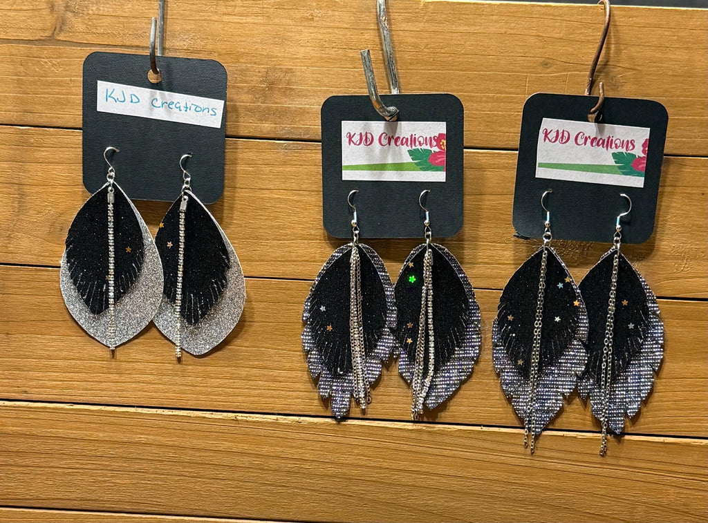 Boho Western Faux Leather Fringe Teardrop Dangle Earrings - Black Glitter Metallic Star with Crystal & Chain Accents