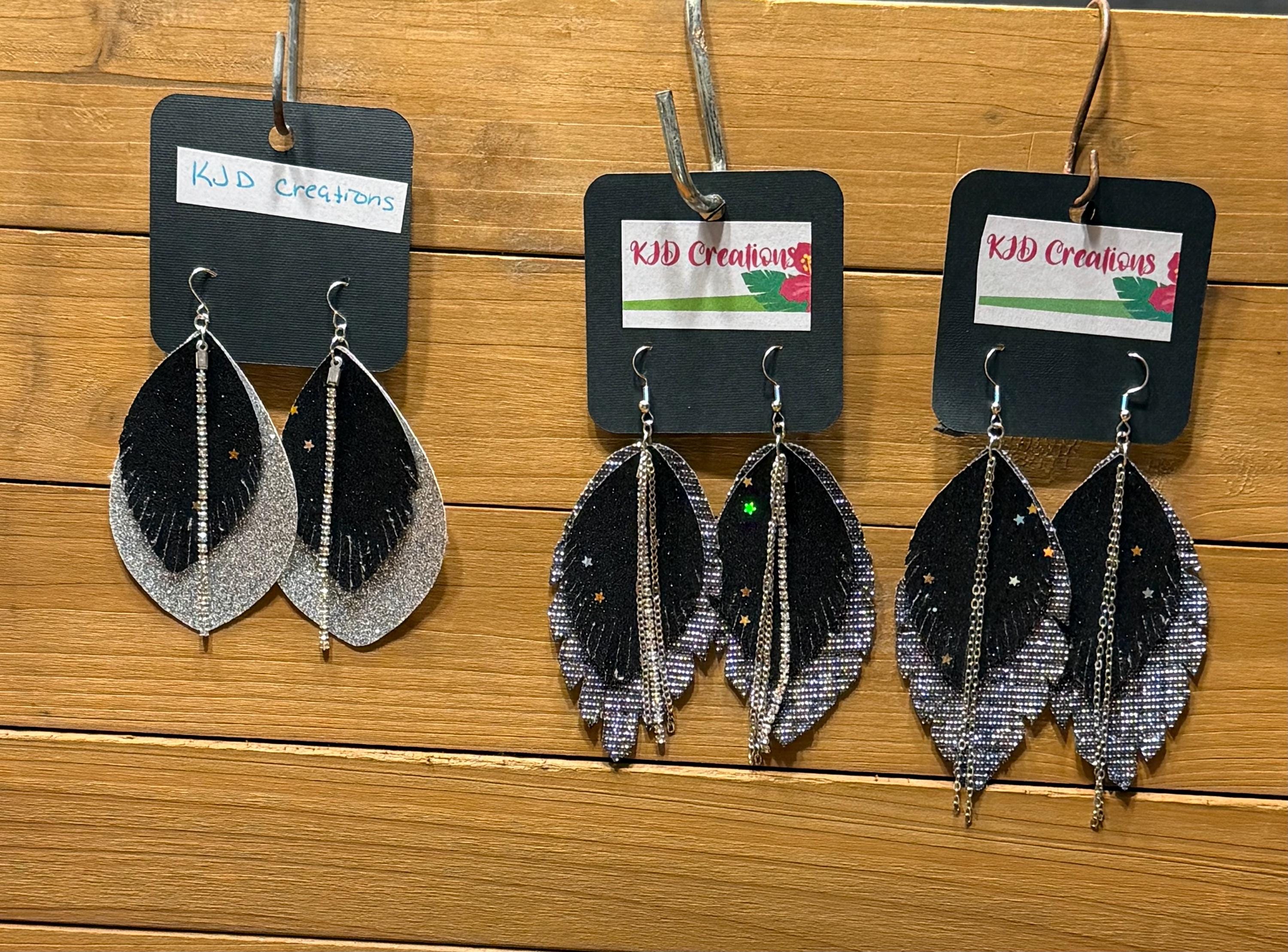 Boho Western Faux Leather Fringe Teardrop Dangle Earrings - Black Glitter Metallic Star with Crystal & Chain Accents