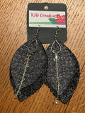 Boho Western Faux Leather Fringe Teardrop Dangle Earrings - Black & Silver Glitter with Chain & Crystal Accents