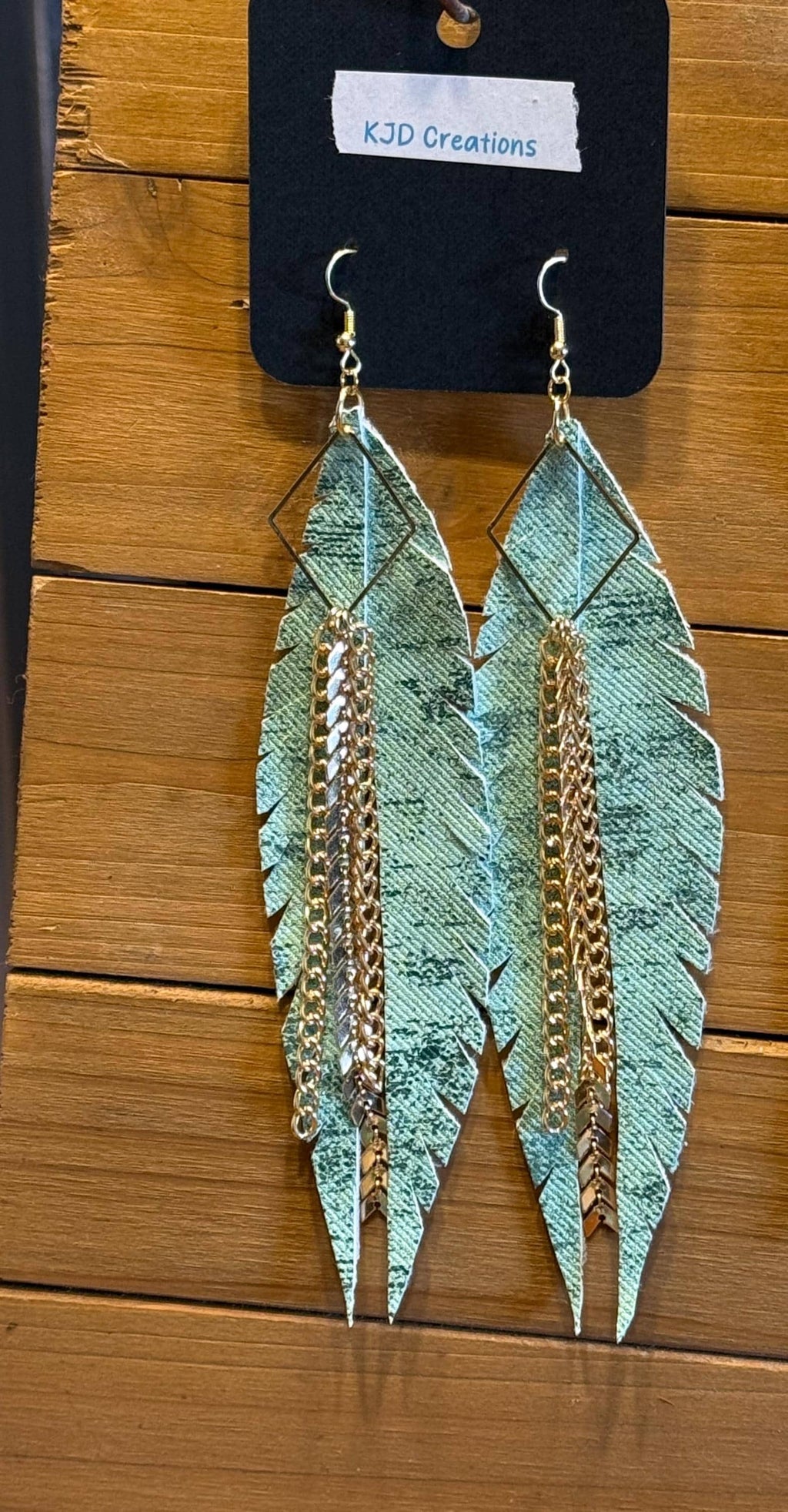 Boho Western Shimmer Faux Leather Long Feather Dangle Earrings - Mint Green & Yellow with Gold Chain & Triangle Accents