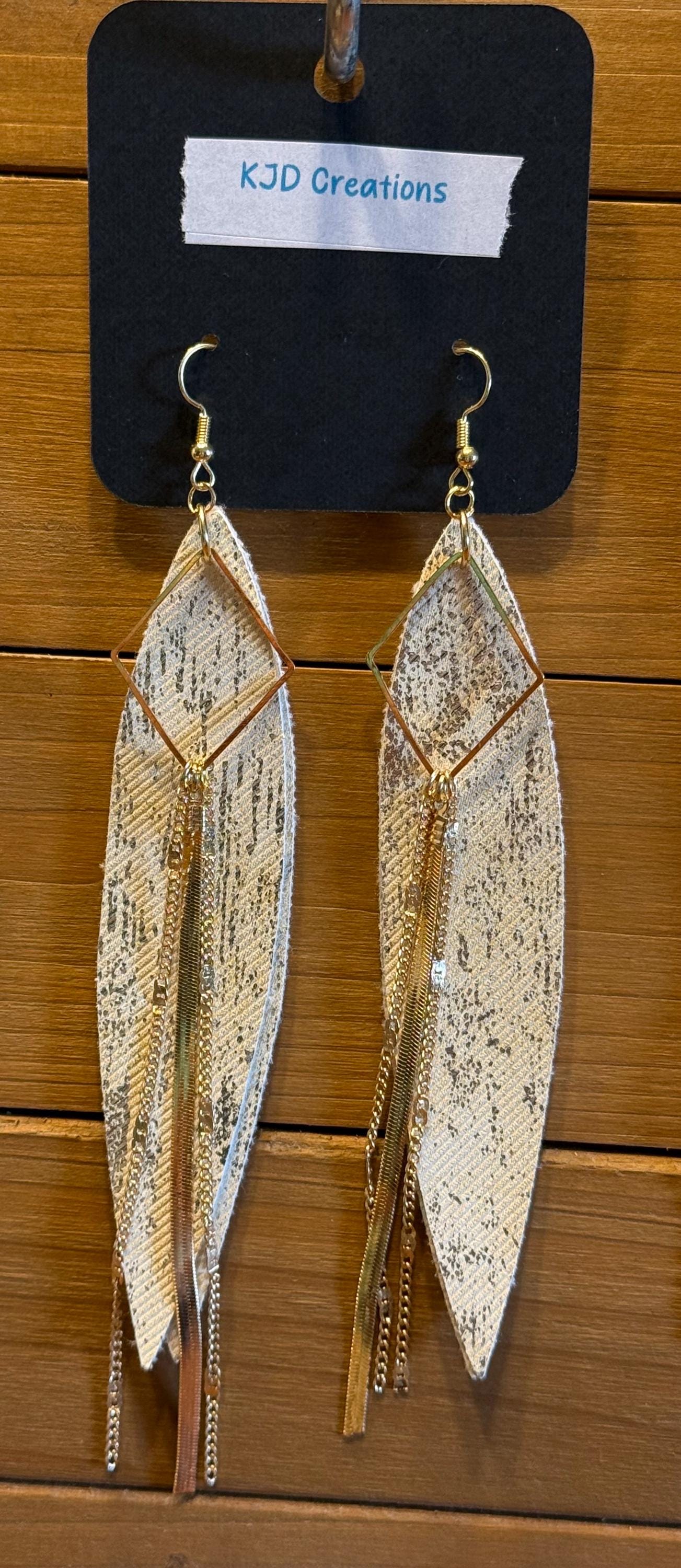 Boho Western Shimmer Faux Leather Long Feather Dangle Earrings - Mint Green & Yellow with Gold Chain & Triangle Accents