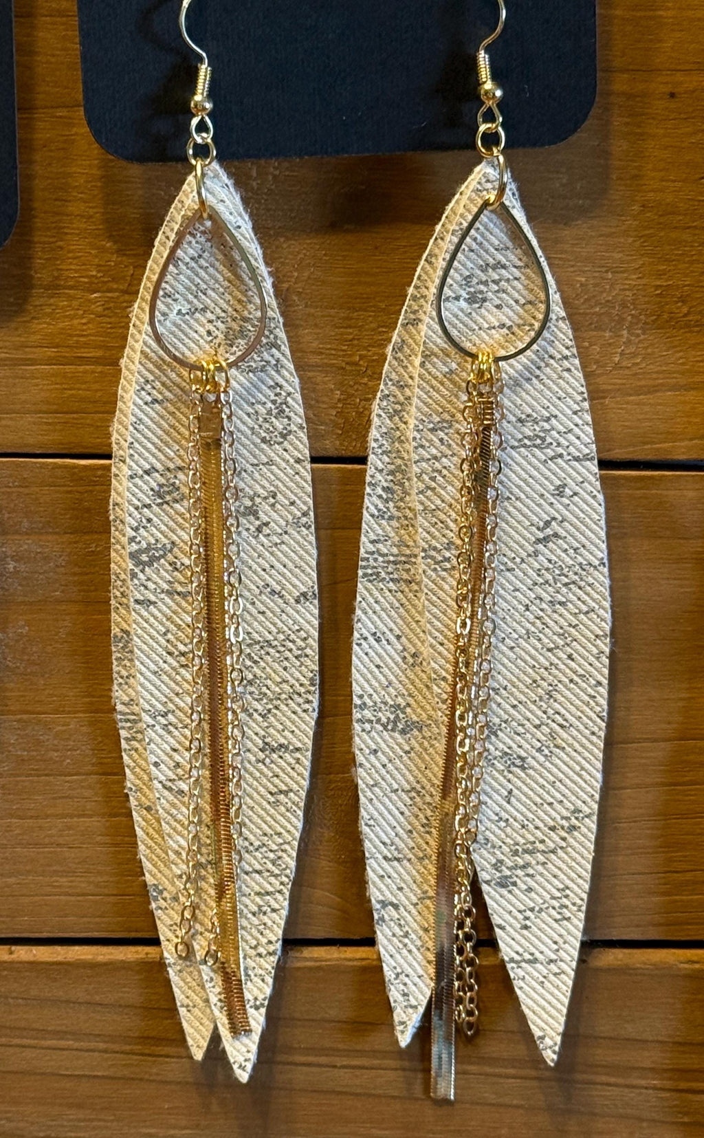Boho Western Shimmer Faux Leather Long Feather Dangle Earrings - Mint Green & Yellow with Gold Chain & Triangle Accents