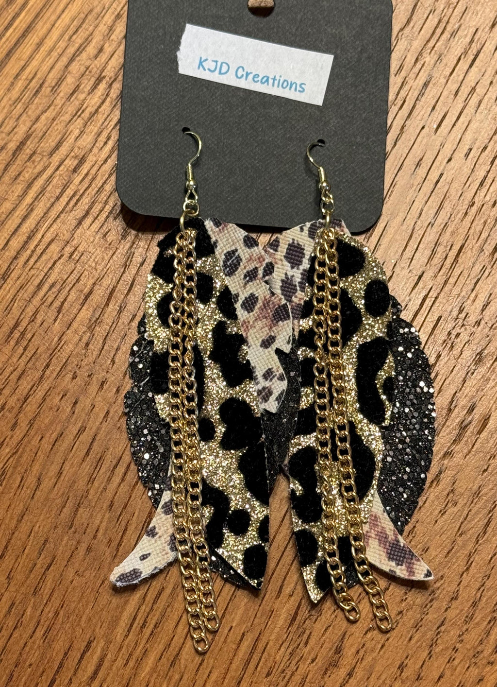Leopard Print Faux Leather Boho Western Dangle Earrings with Chain Accents - Black Glitter, White Gold & Gold Foil