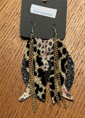 Leopard Print Faux Leather Boho Western Dangle Earrings with Chain Accents - Black Glitter, White Gold & Gold Foil