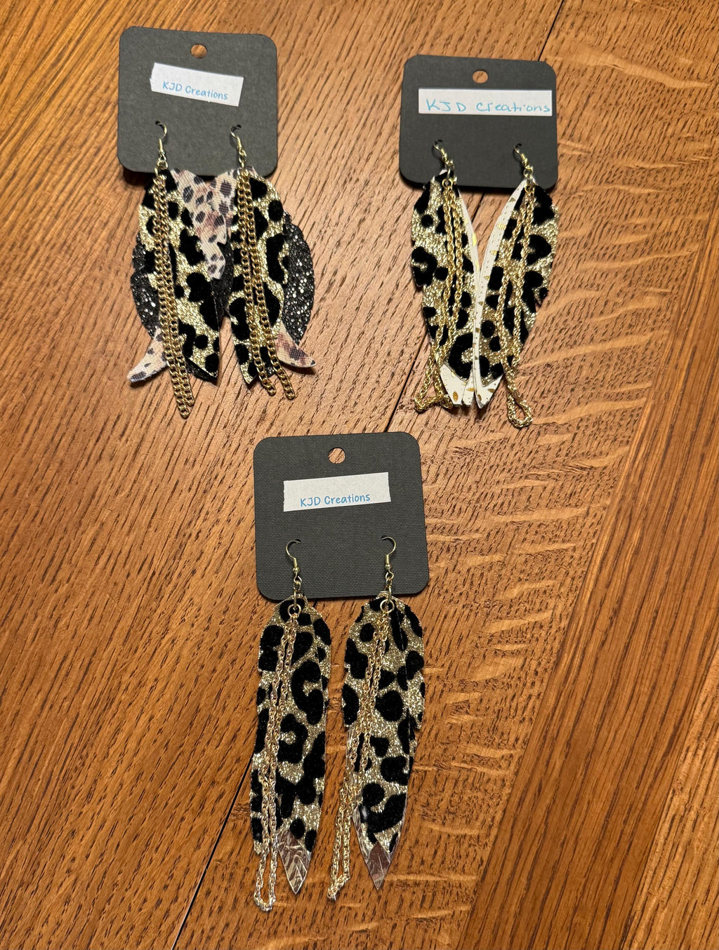Leopard Print Faux Leather Boho Western Dangle Earrings with Chain Accents - Black Glitter, White Gold & Gold Foil