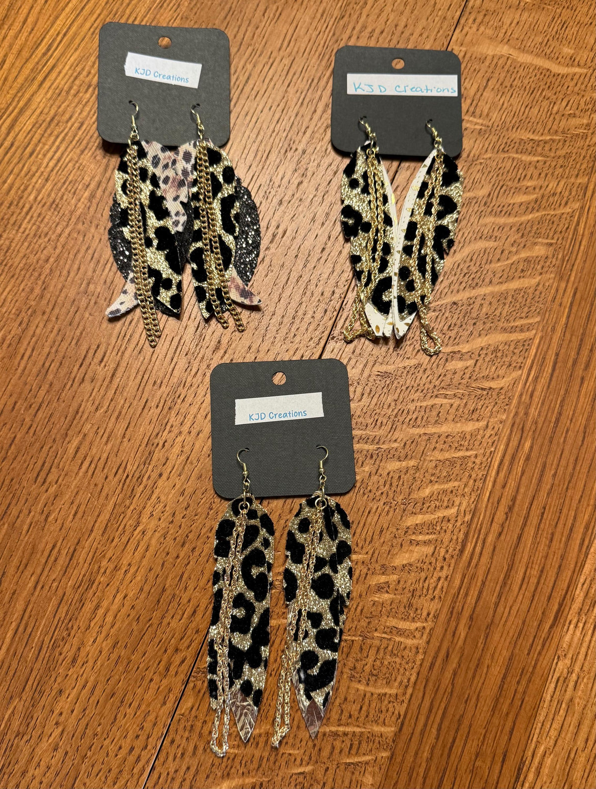 Leopard Print Faux Leather Boho Western Dangle Earrings with Chain Accents - Black Glitter, White Gold & Gold Foil