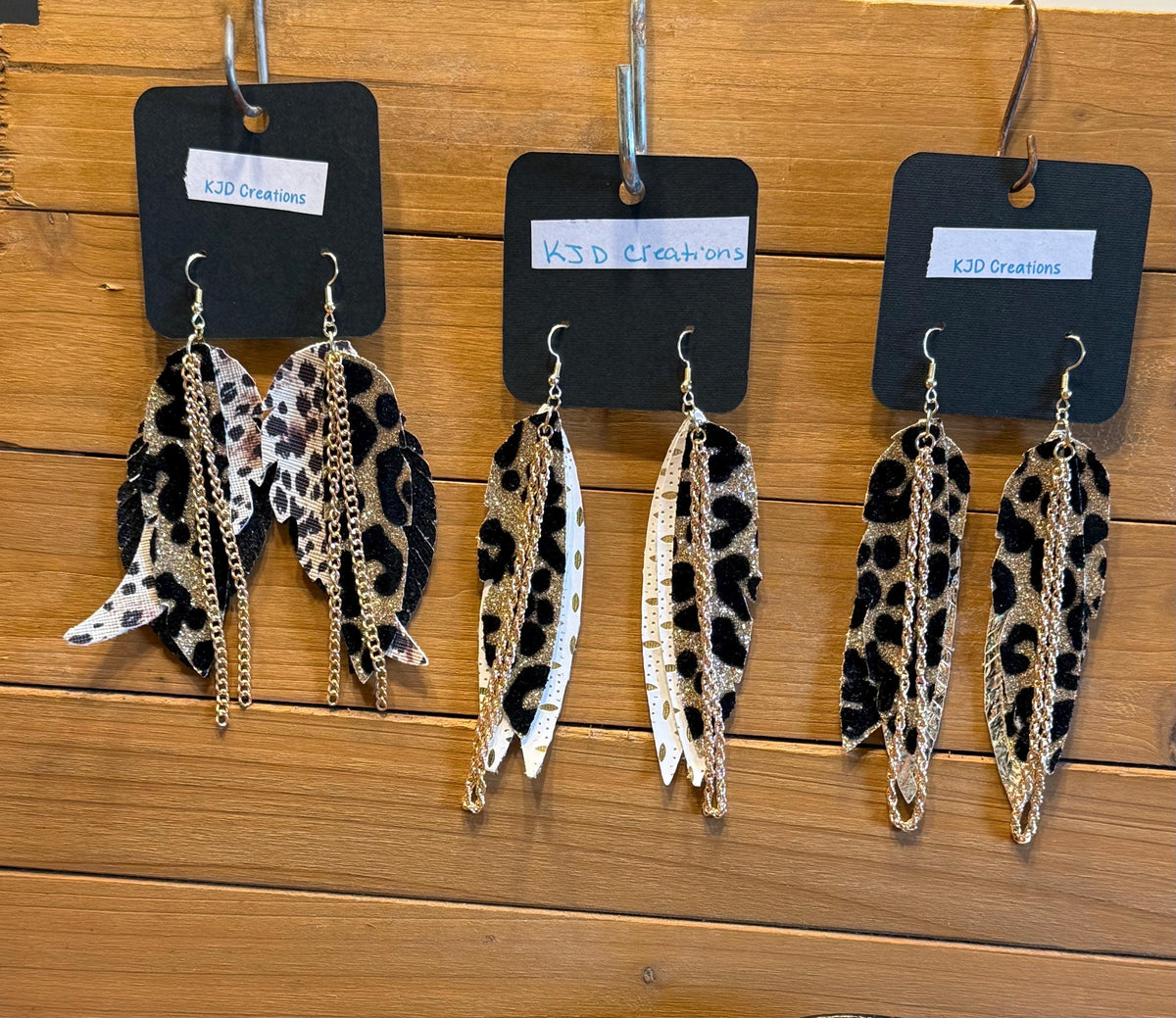 Leopard Print Faux Leather Boho Western Dangle Earrings with Chain Accents - Black Glitter, White Gold & Gold Foil
