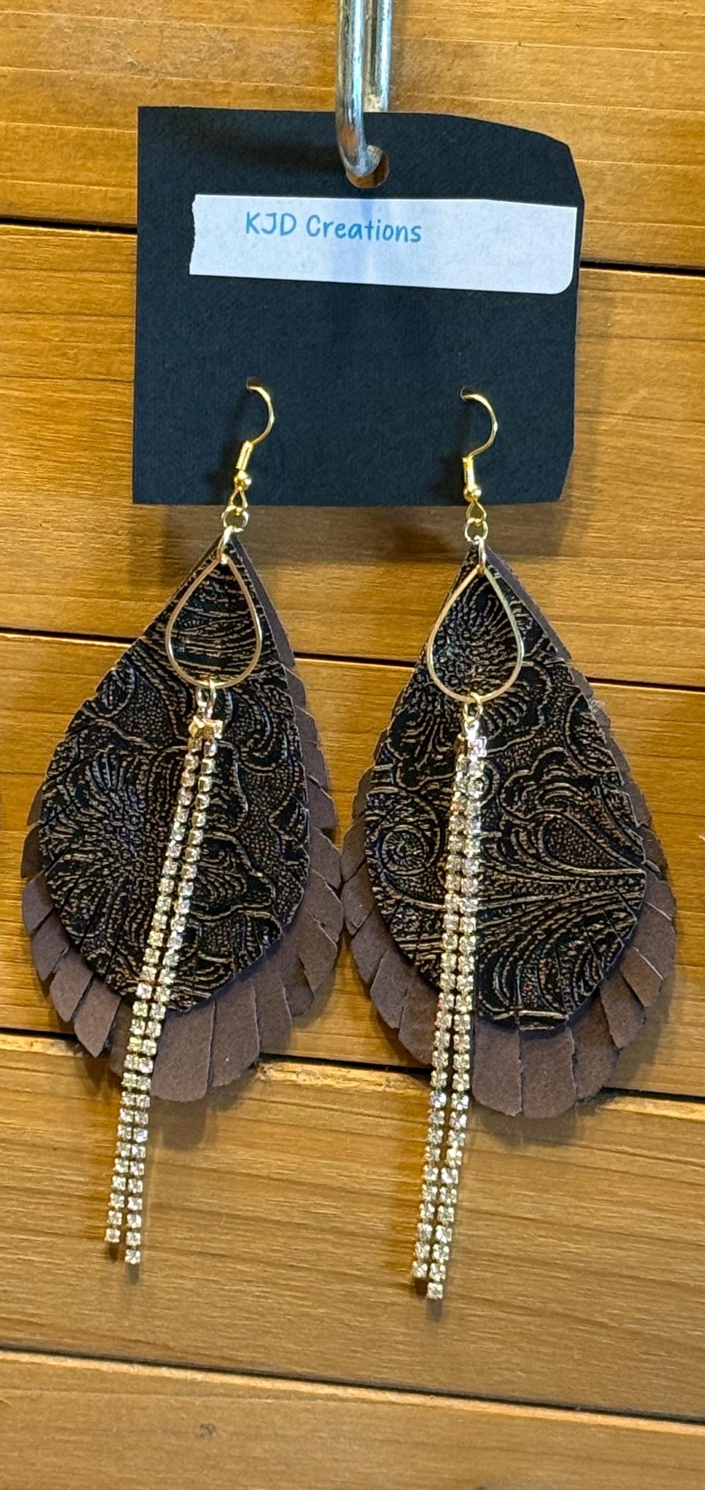 Boho Western Faux Tooled Leather Layered Fringe Teardrop Dangle Earrings - Brown, Black & Bronze with Crystal Accents