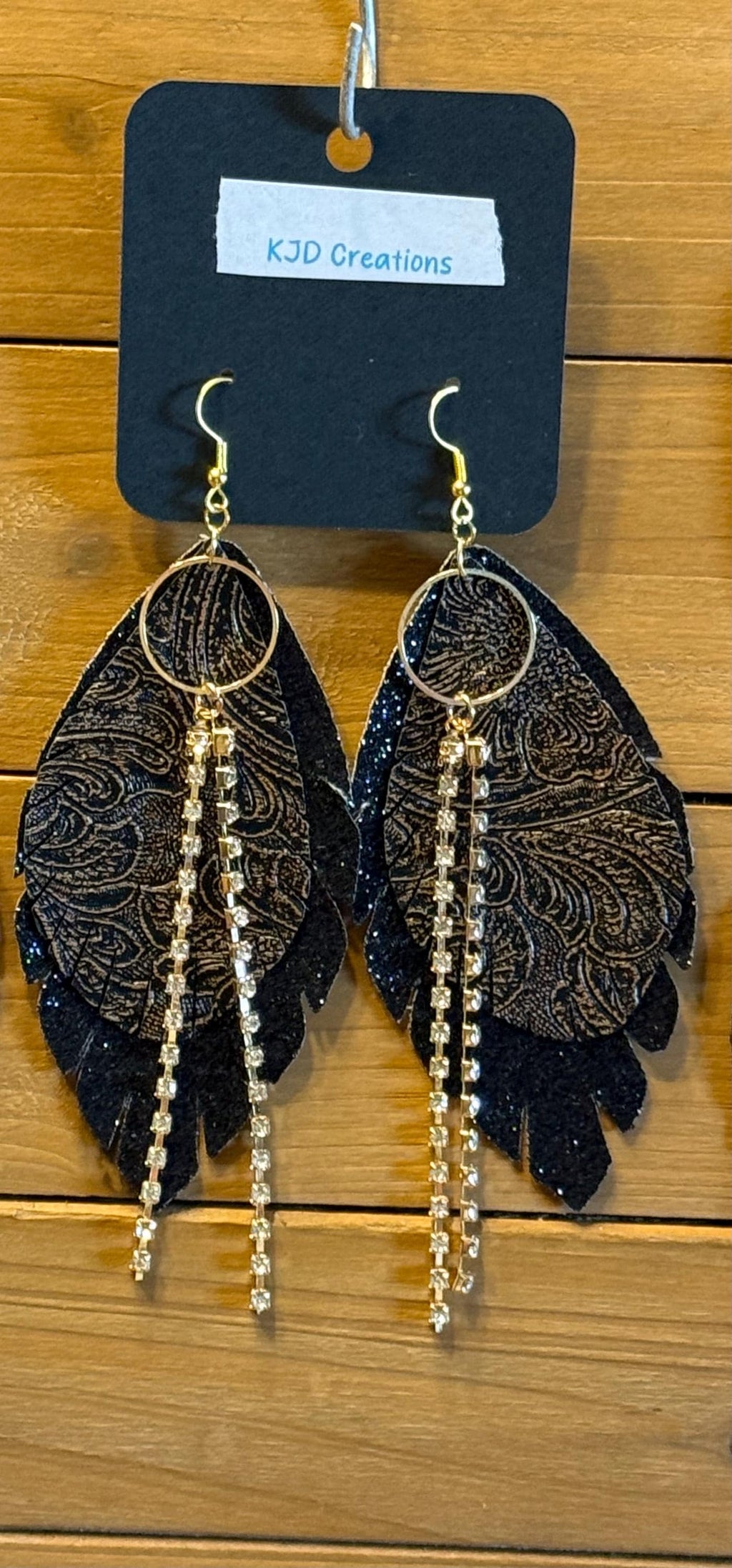Boho Western Faux Tooled Leather Layered Fringe Teardrop Dangle Earrings - Brown, Black & Bronze with Crystal Accents