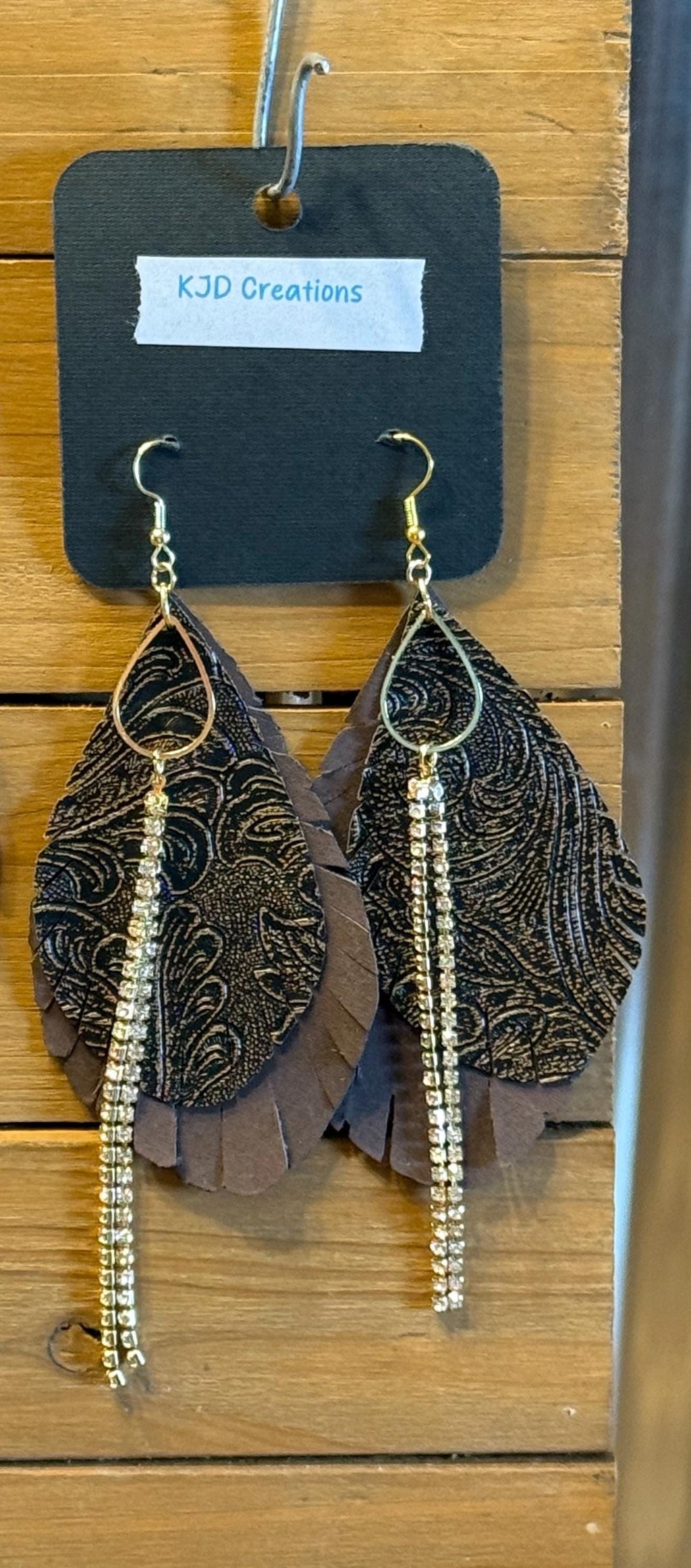 Boho Western Faux Tooled Leather Layered Fringe Teardrop Dangle Earrings - Brown, Black & Bronze with Crystal Accents