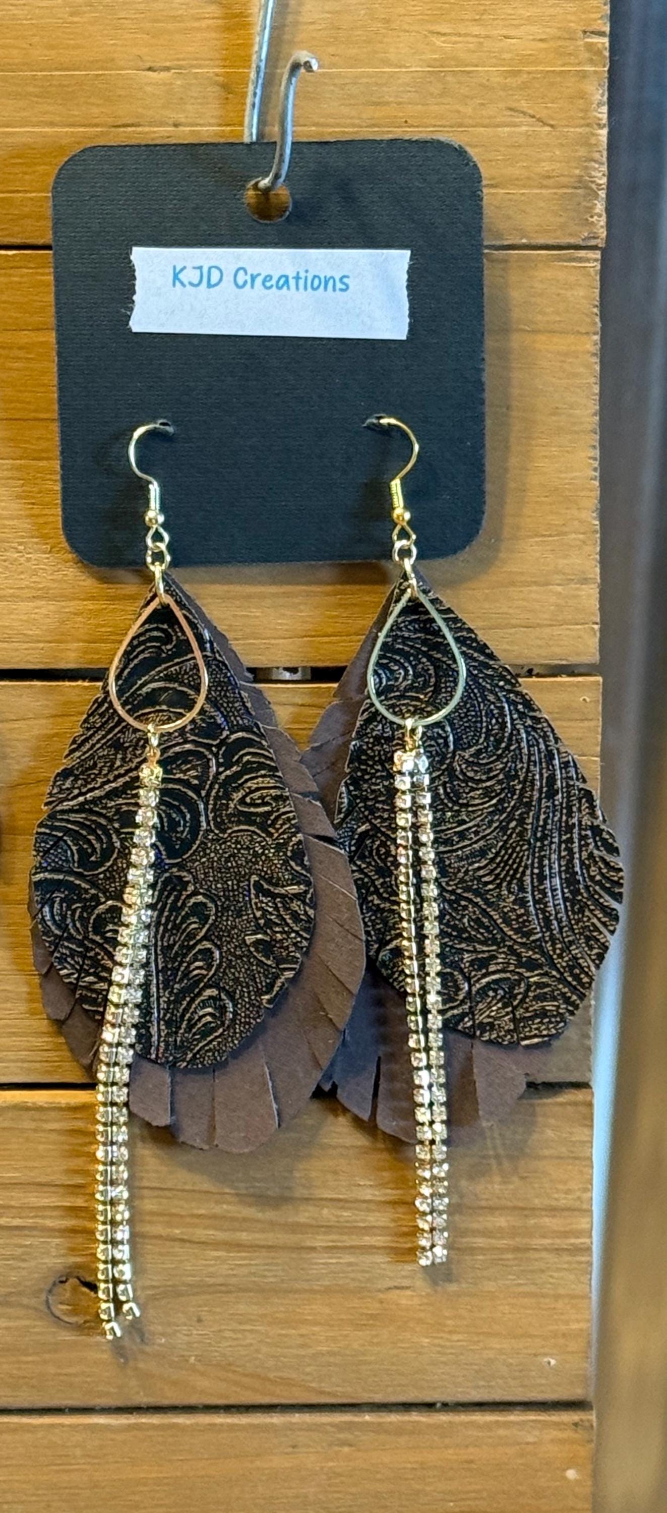 Boho Western Faux Tooled Leather Layered Fringe Teardrop Dangle Earrings - Brown, Black & Bronze with Crystal Accents