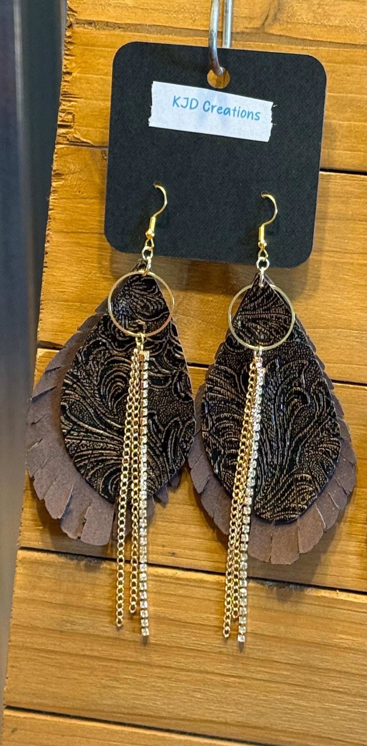 Boho Western Faux Tooled Leather Layered Fringe Teardrop Dangle Earrings - Brown, Black & Bronze with Crystal Accents