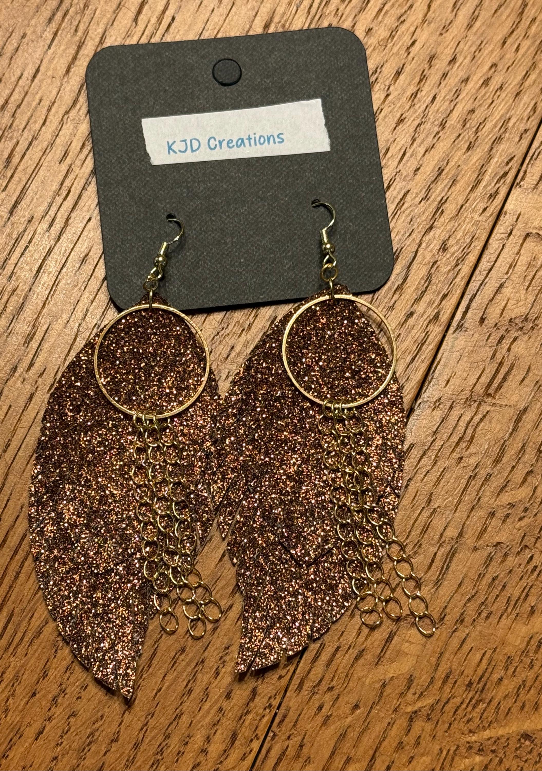 Boho Western Faux Tooled Leather Fringe Teardrop Dangle Earrings - Brown, Black & Bronze with Chain & Crystal Accents