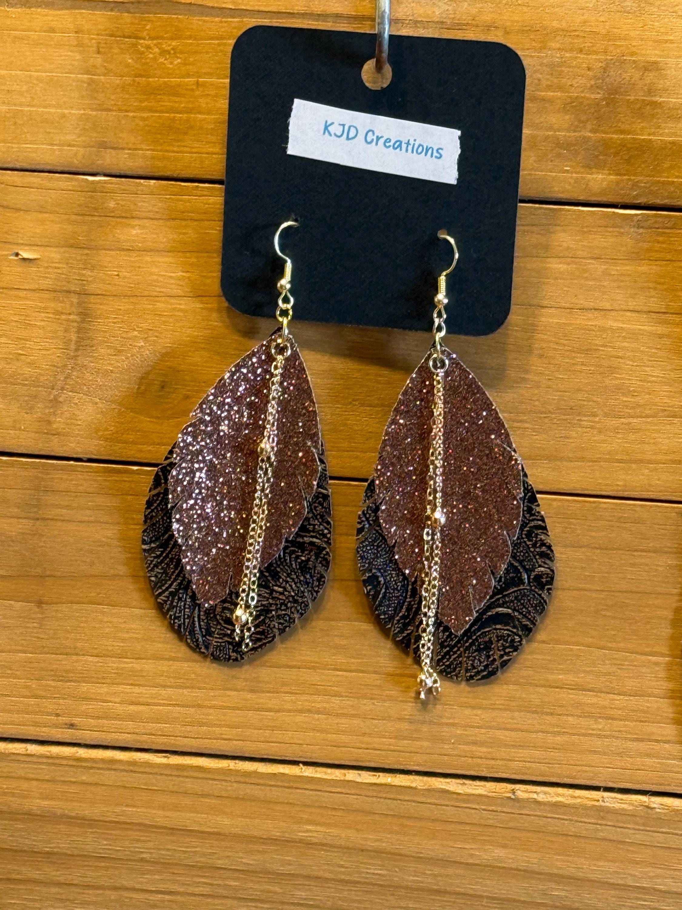 Boho Western Faux Tooled Leather Fringe Teardrop Dangle Earrings - Brown, Black & Bronze with Chain & Crystal Accents