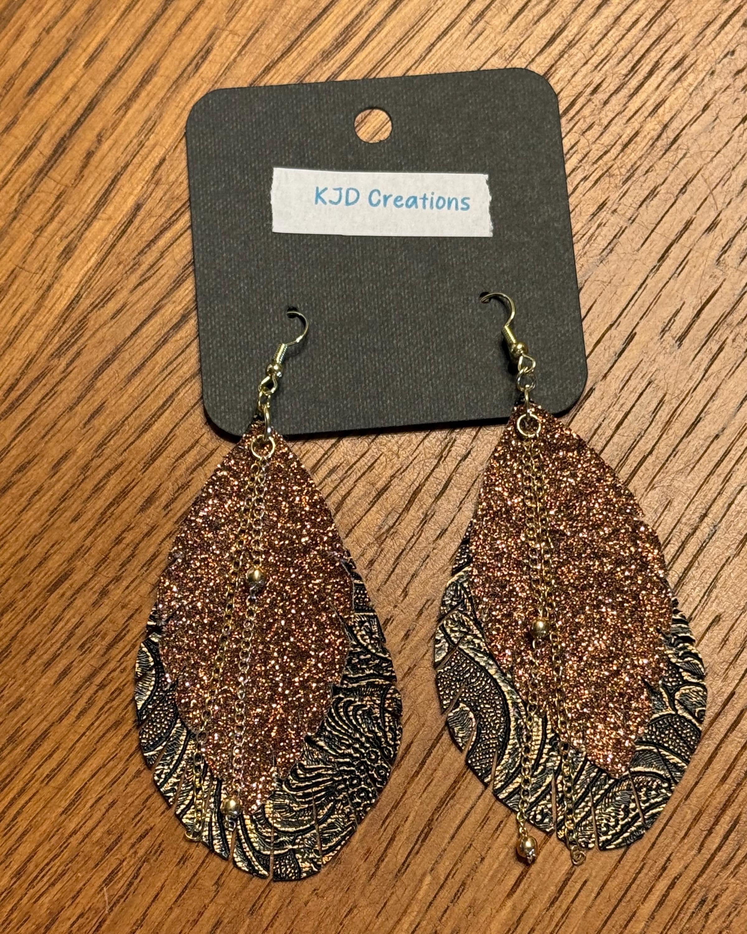 Boho Western Faux Tooled Leather Fringe Teardrop Dangle Earrings - Brown, Black & Bronze with Chain & Crystal Accents