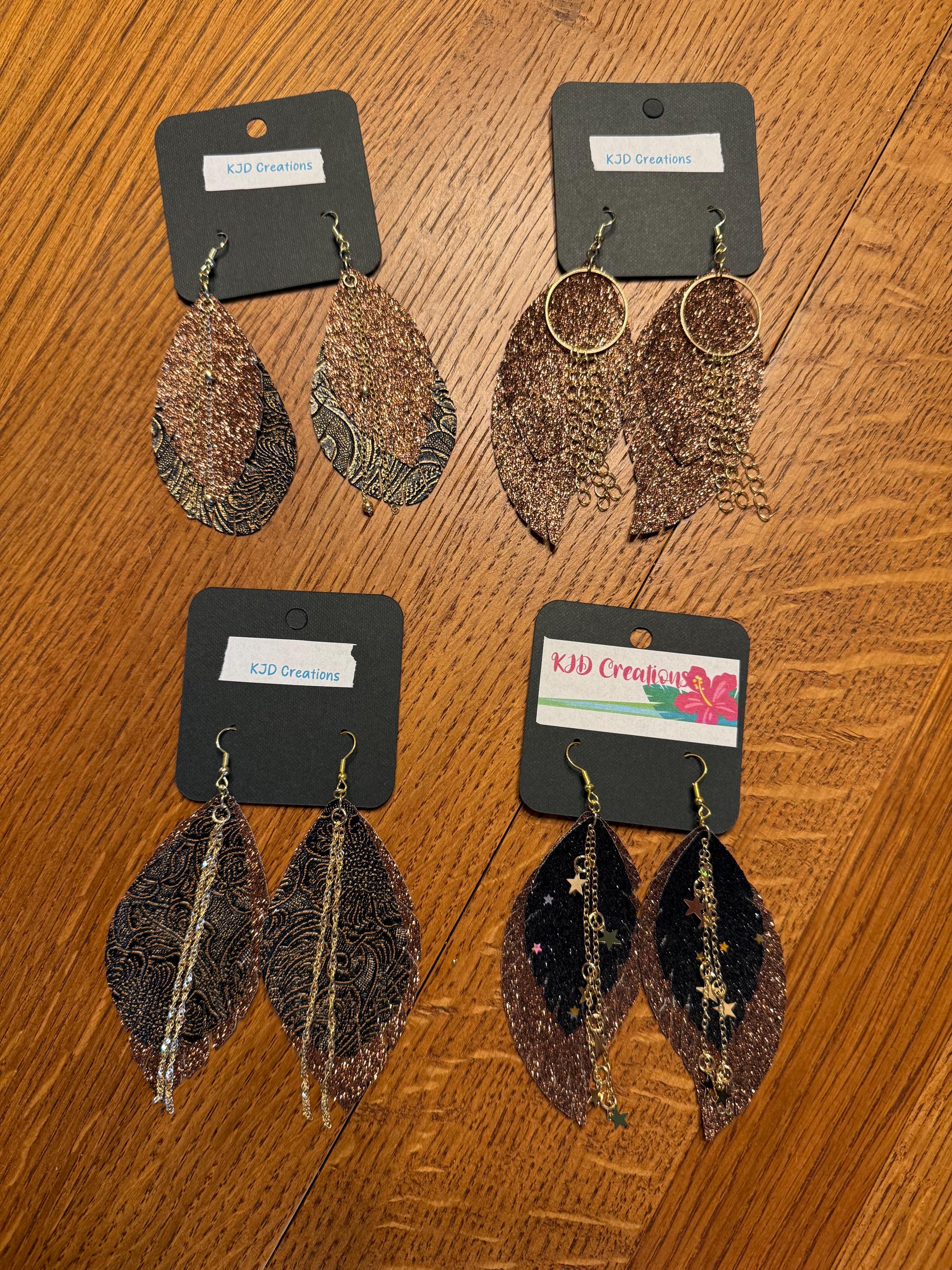 Boho Western Faux Tooled Leather Fringe Teardrop Dangle Earrings - Brown, Black & Bronze with Chain & Crystal Accents