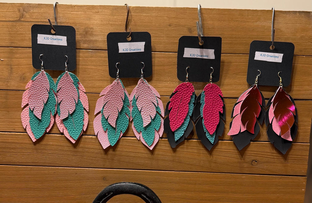 Boho Western Faux Leather Large Layered Feather Dangle Earrings - Pink, Turquoise & Black