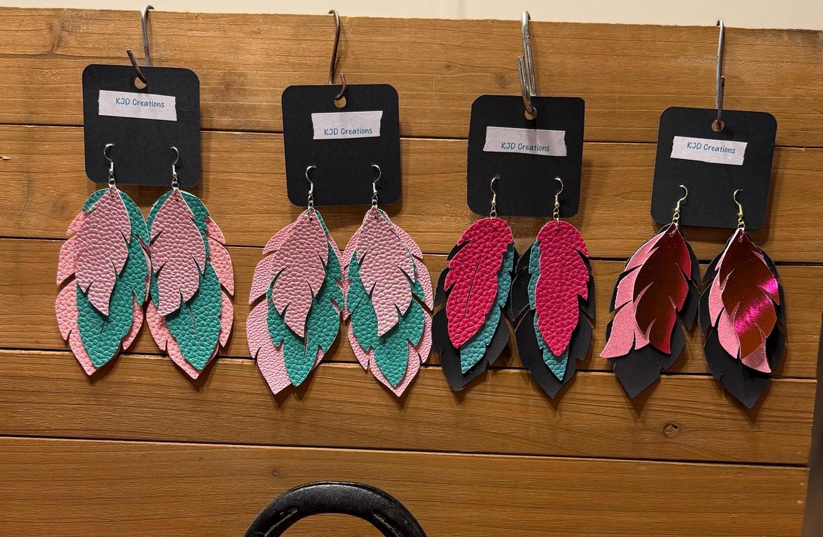Boho Western Faux Leather Large Layered Feather Dangle Earrings - Pink, Turquoise & Black
