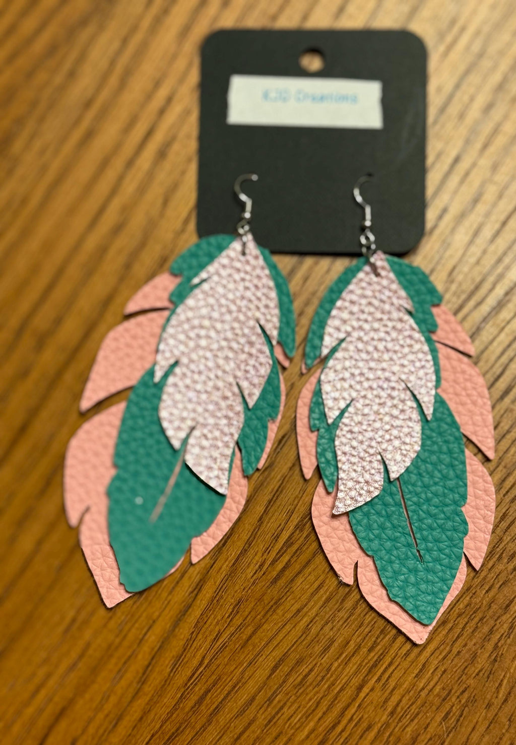 Boho Western Faux Leather Large Layered Feather Dangle Earrings - Pink, Turquoise & Black