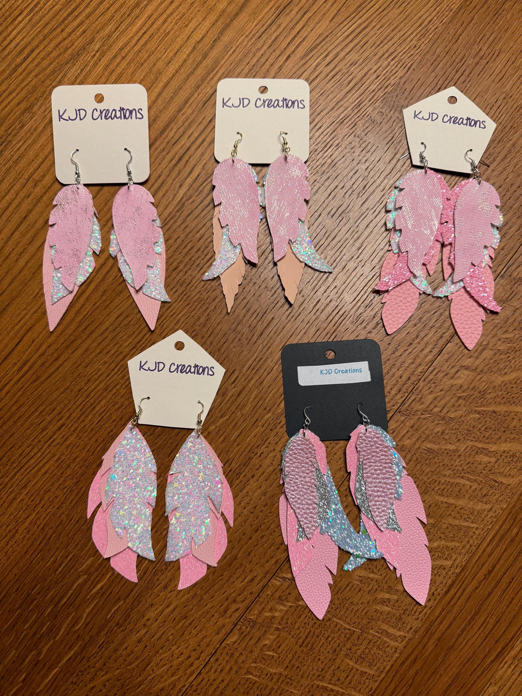 Boho Western Faux Glitter Leather Layered Feather Dangle Earrings - Pink, White & Silver