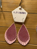 Boho Western Faux Glitter Holographic Leather Layered Feather Dangle Earrings - Pink & Silver