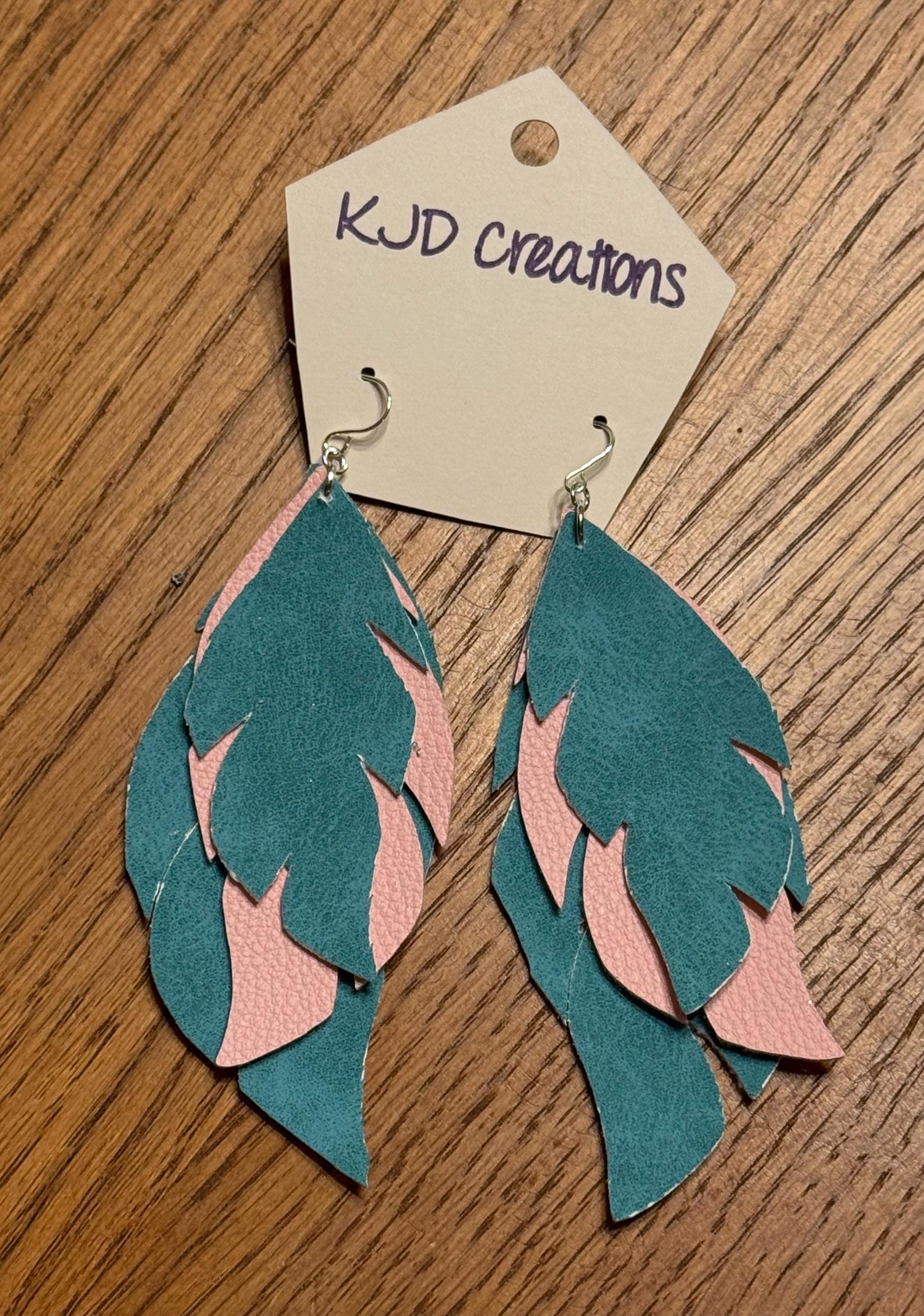 Boho Western Faux Glitter Leather Layered Feather Dangle Earrings - Turquoise, Pink, Teal & Mint Green
