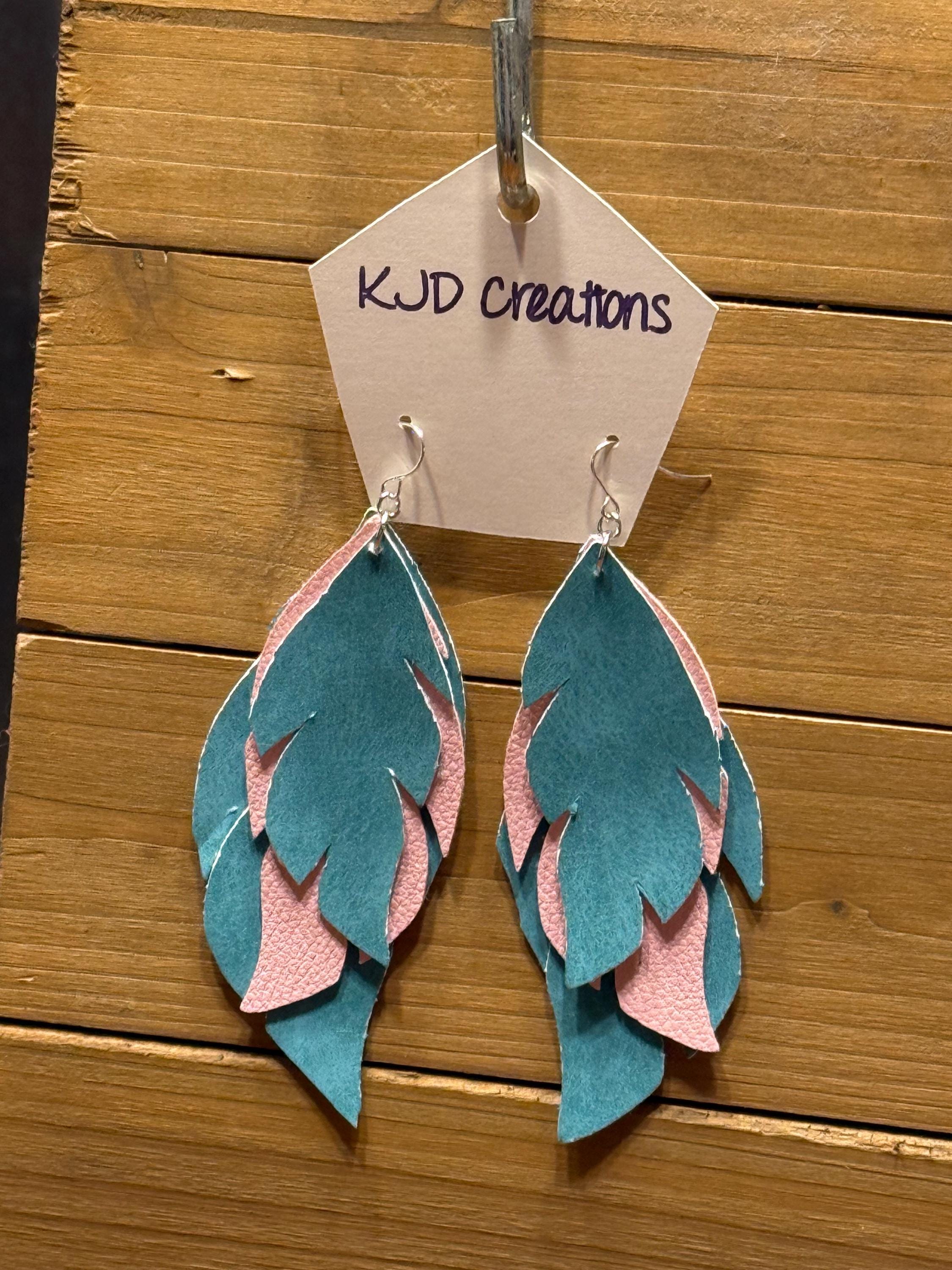Boho Western Faux Glitter Leather Layered Feather Dangle Earrings - Turquoise, Pink, Teal & Mint Green