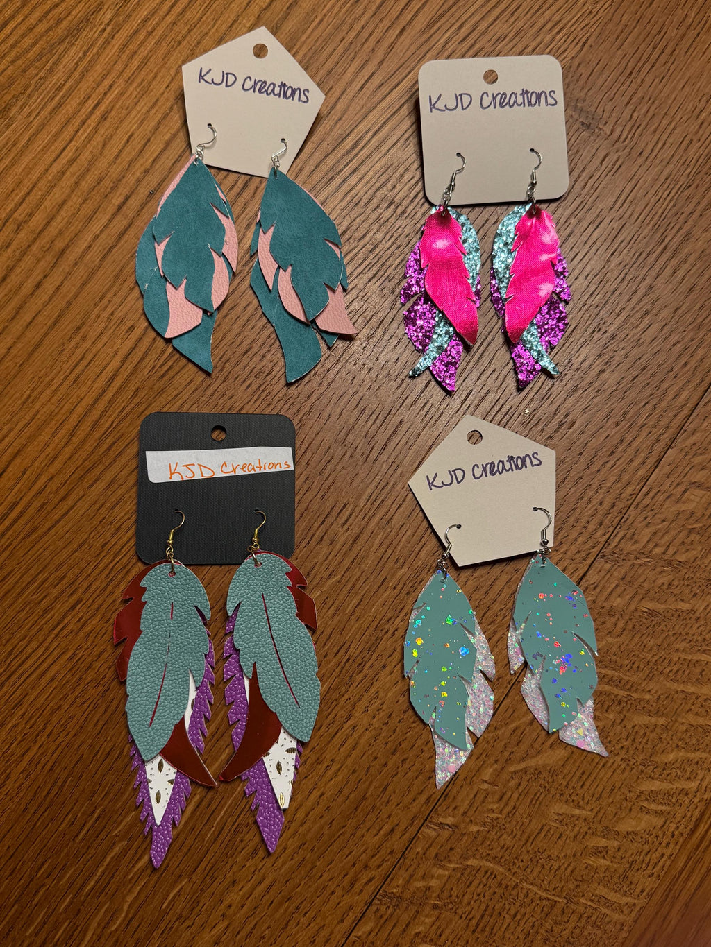 Boho Western Faux Glitter Leather Layered Feather Dangle Earrings - Turquoise, Pink, Teal & Mint Green