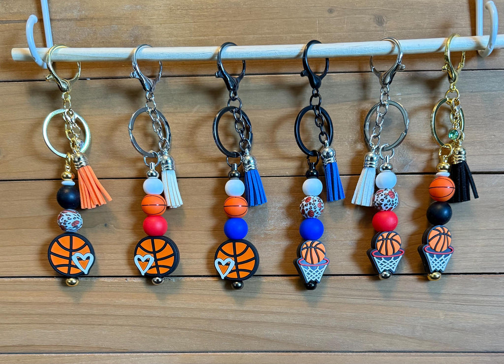 Basketball Silicone Beaded Keychain with Leather Tassel
