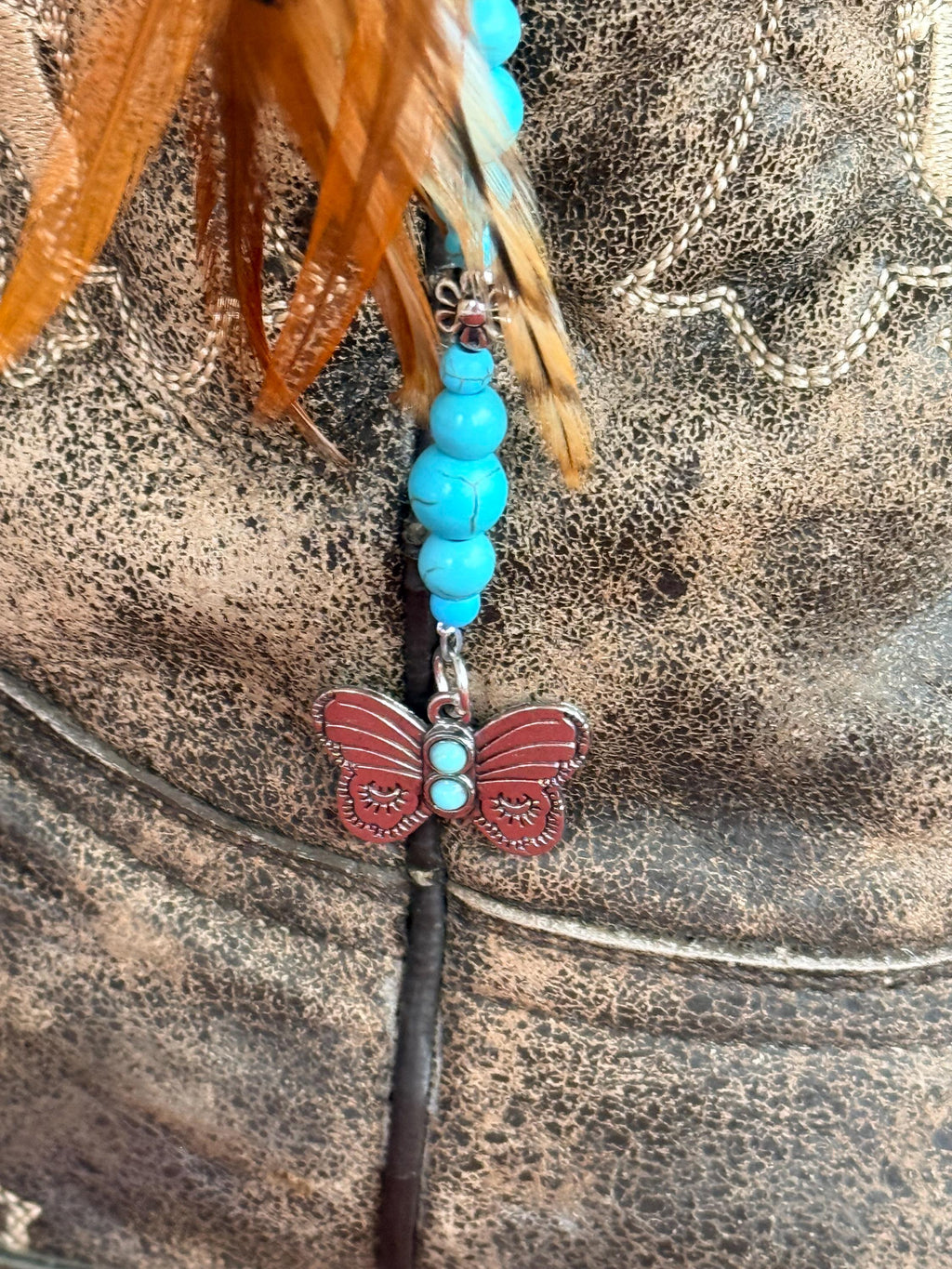Western Boho Feather Boot Topper | Turquoise Beads & Butterfly Charm | Handmade Boot Jewelry
