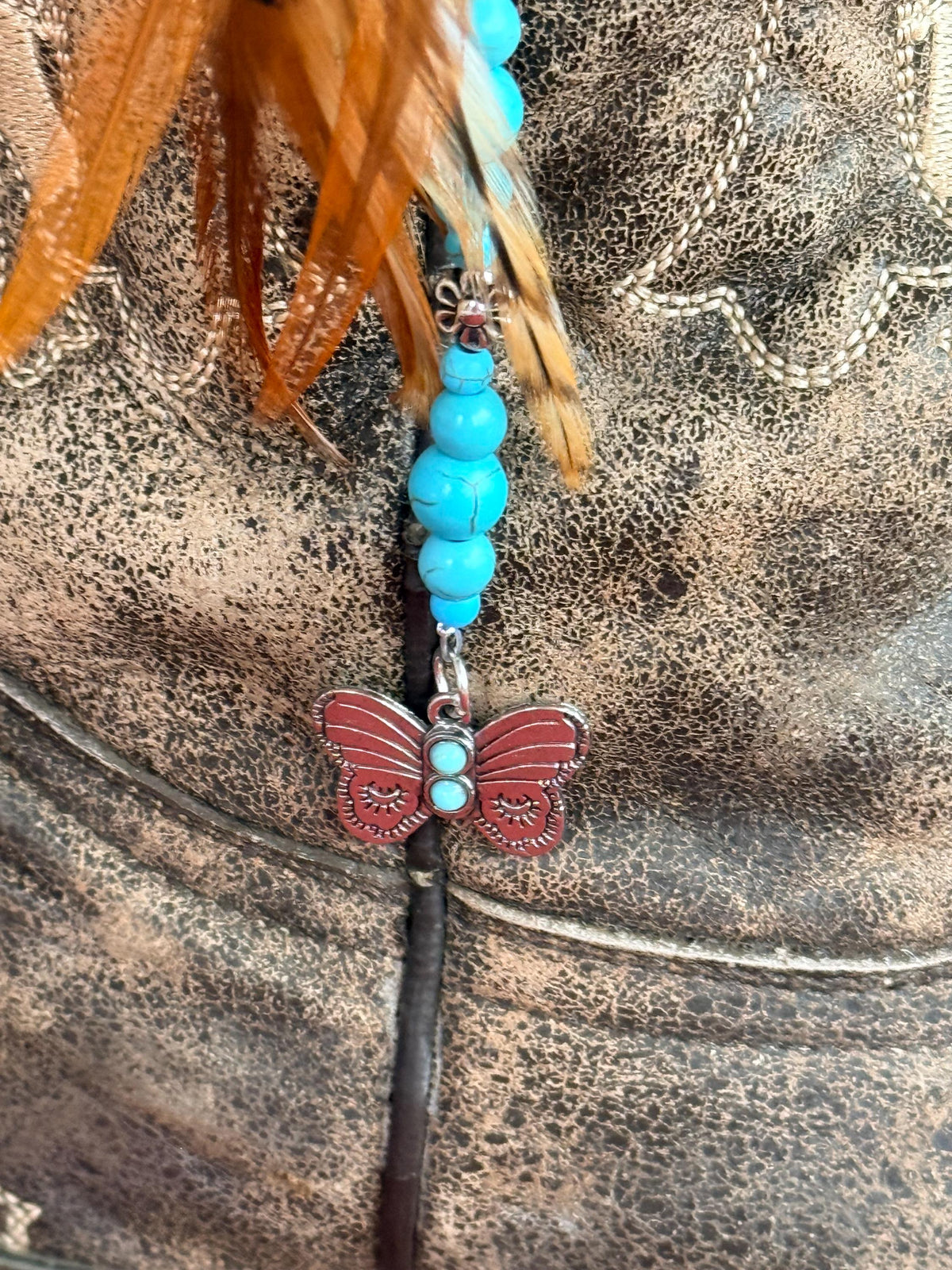 Western Boho Feather Boot Topper | Turquoise Beads & Butterfly Charm | Handmade Boot Jewelry