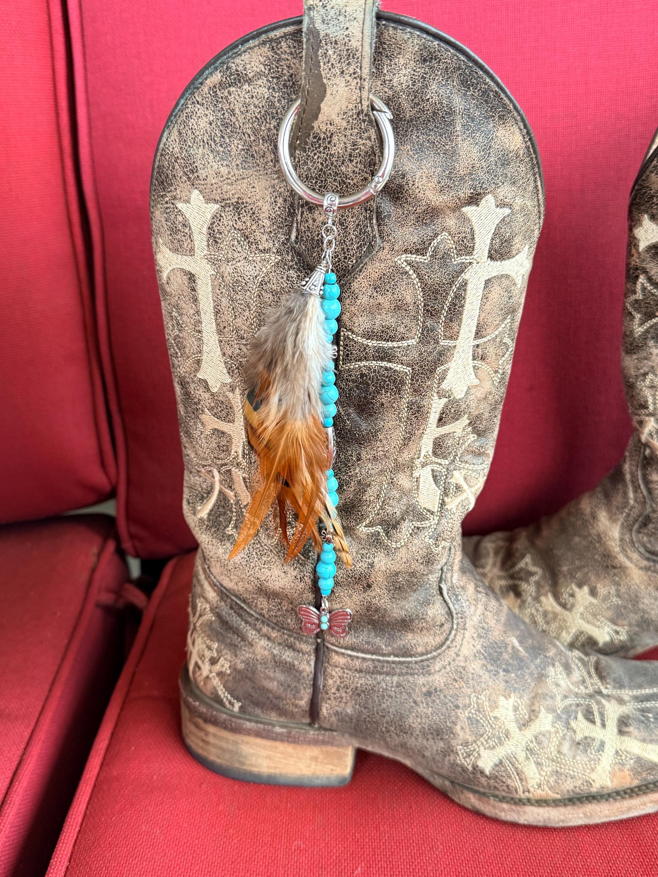 Western Boho Feather Boot Topper | Turquoise Beads & Butterfly Charm | Handmade Boot Jewelry