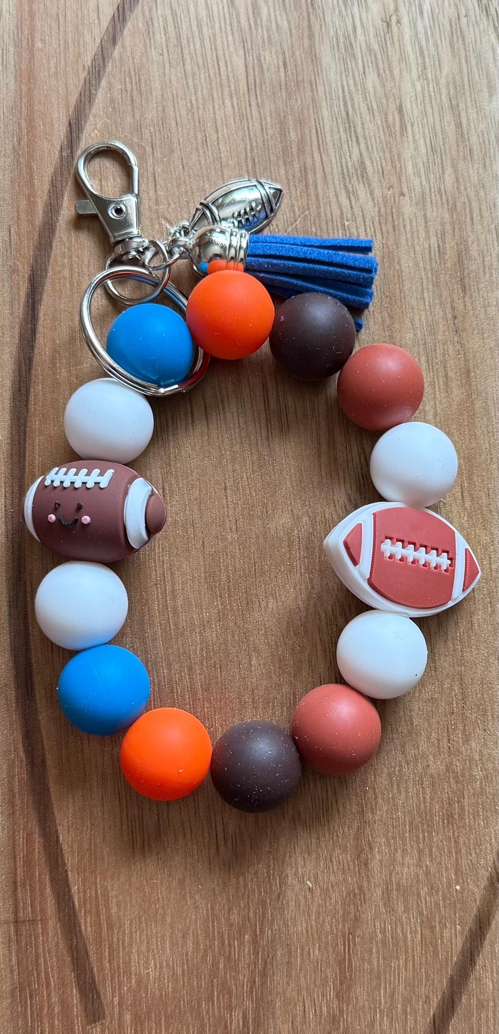 Football Gameday Silicone Beaded Wristlet Bracelet Keychain with Leather Tassel & Silver Charms