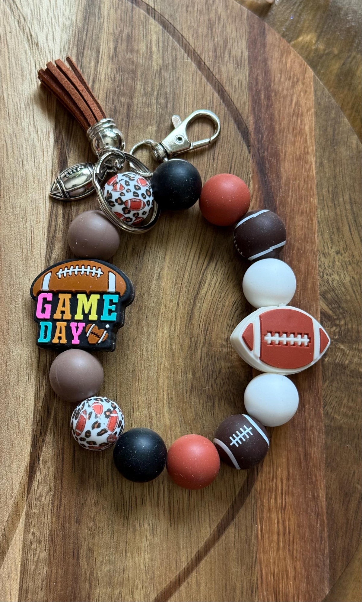 Football Gameday Silicone Beaded Wristlet Bracelet Keychain with Leather Tassel & Silver Charms