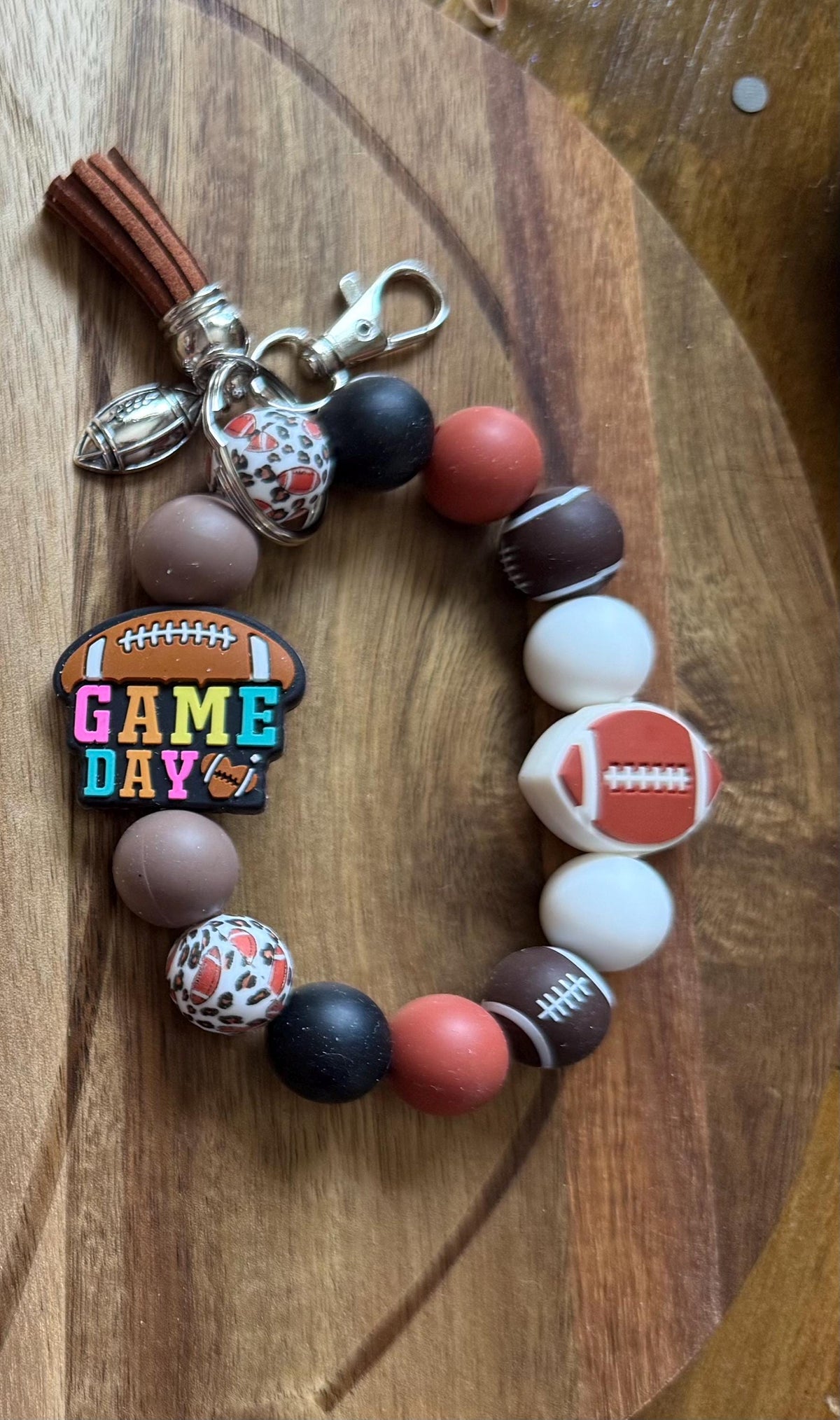 Football Gameday Silicone Beaded Wristlet Bracelet Keychain with Leather Tassel & Silver Charms