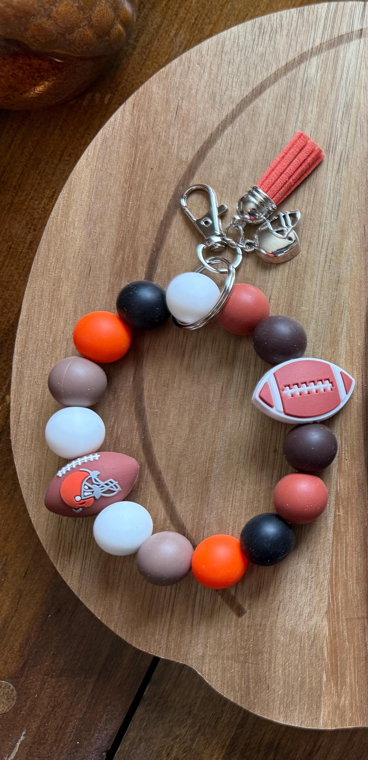 Football Gameday Silicone Beaded Wristlet Bracelet Keychain with Leather Tassel & Silver Charms