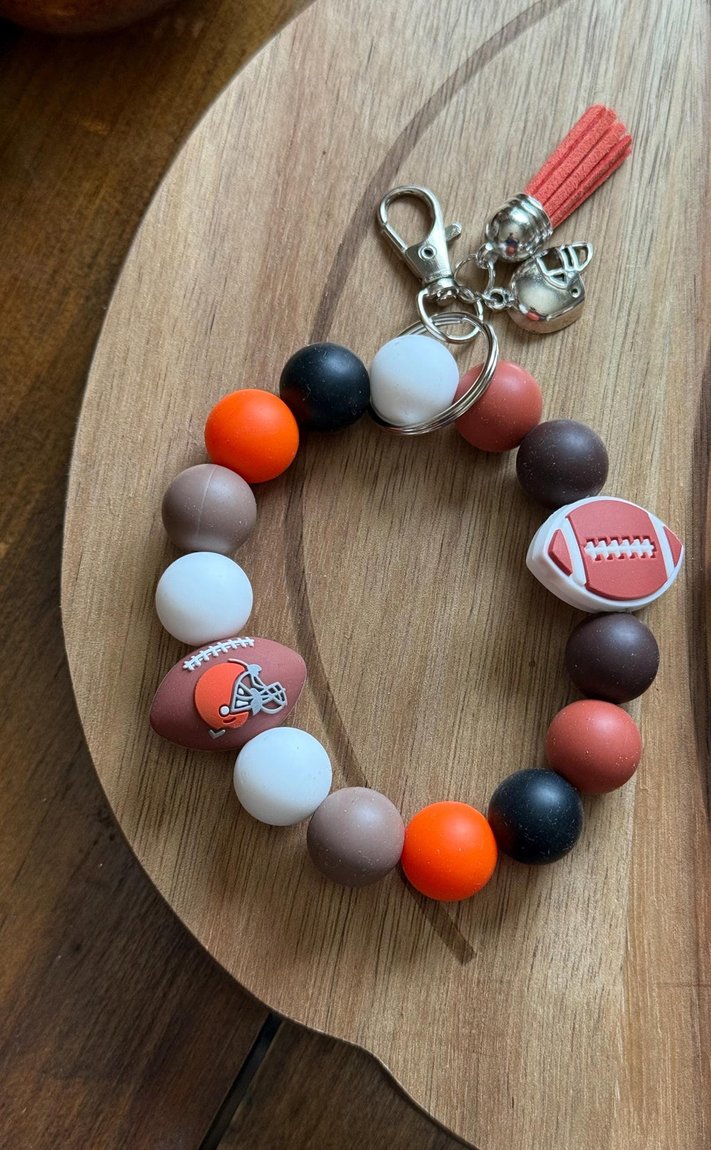 Football Gameday Silicone Beaded Wristlet Bracelet Keychain with Leather Tassel & Silver Charms