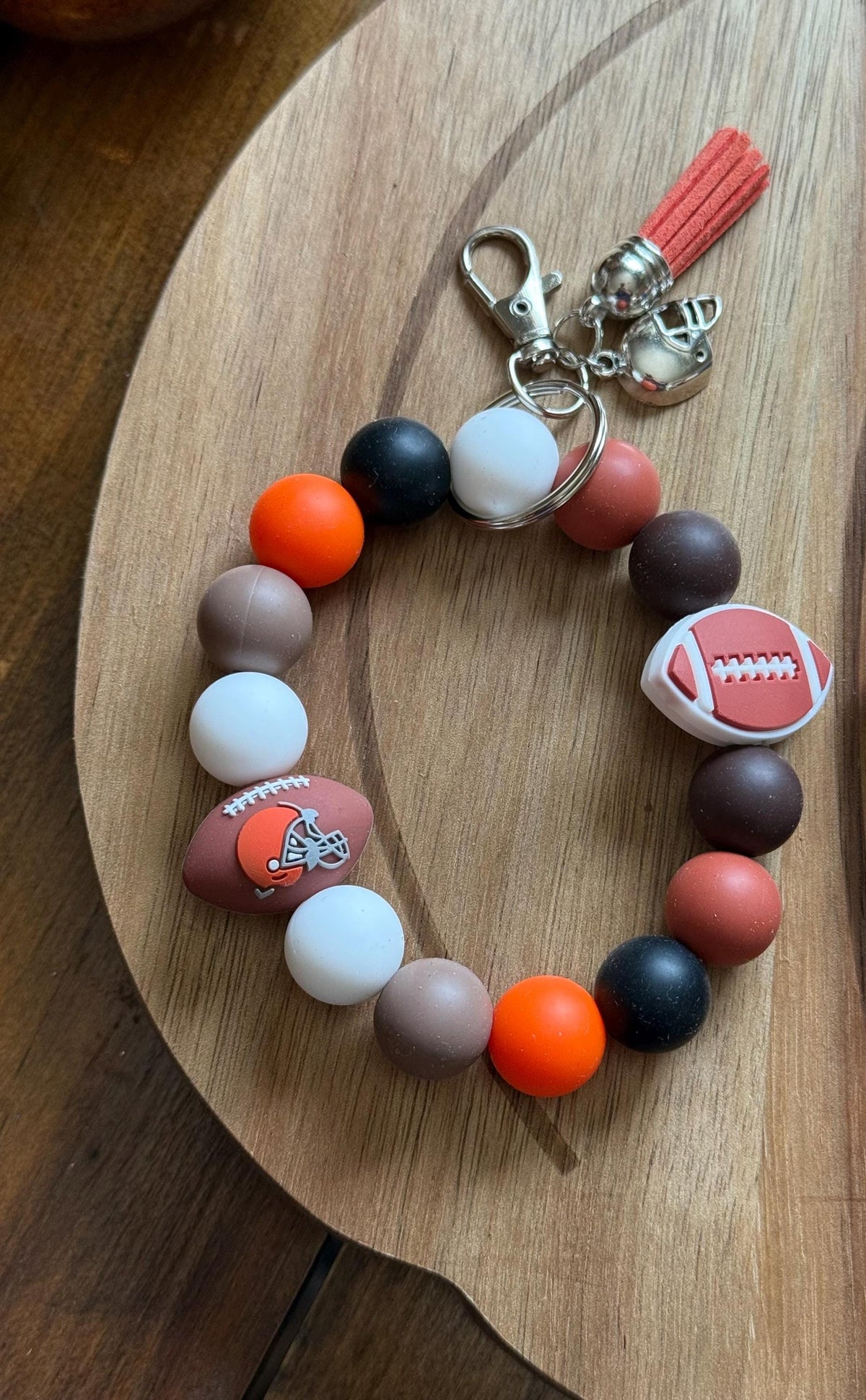 Football Gameday Silicone Beaded Wristlet Bracelet Keychain with Leather Tassel & Silver Charms