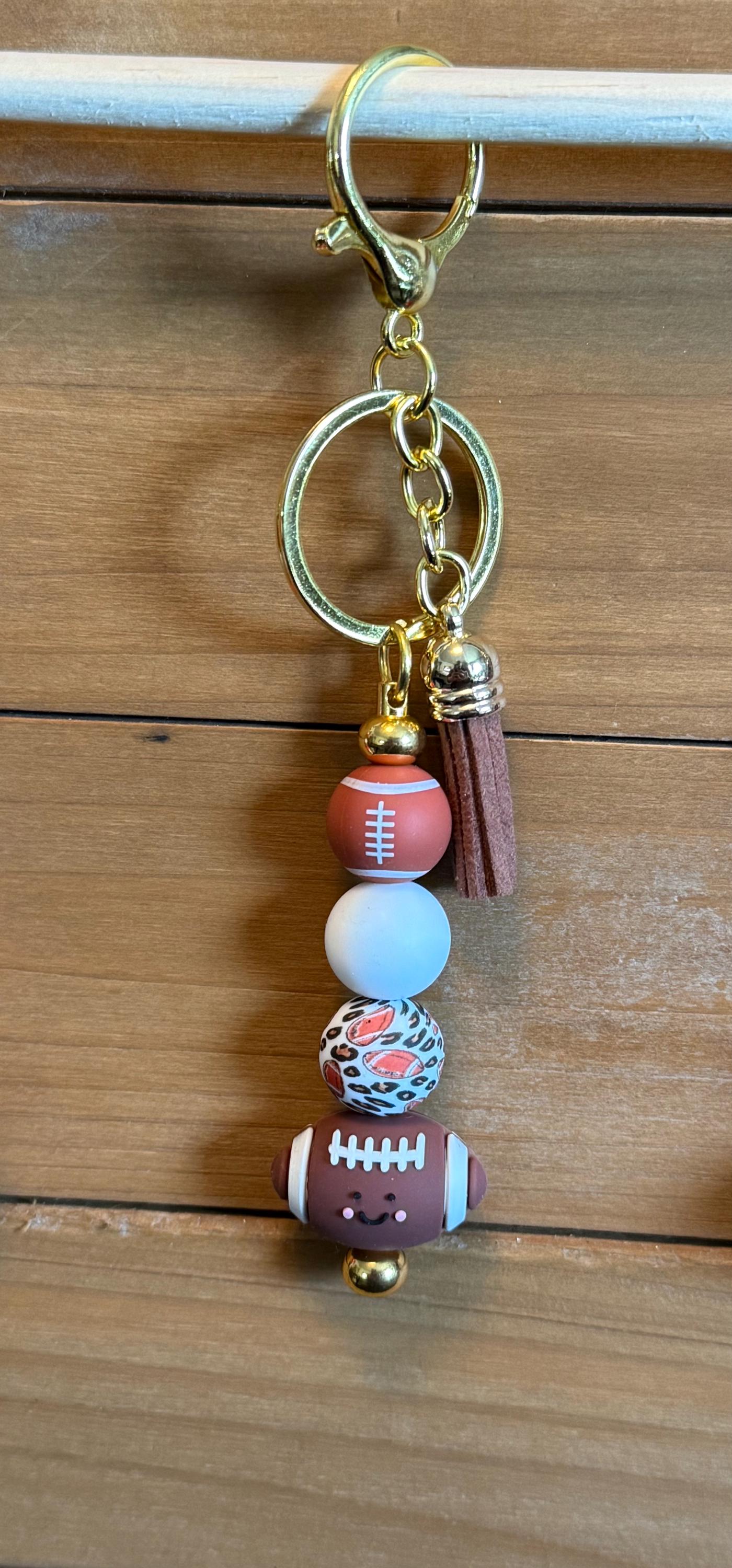 Football Gameday Silicone Beaded Keychain with Leather Tassel