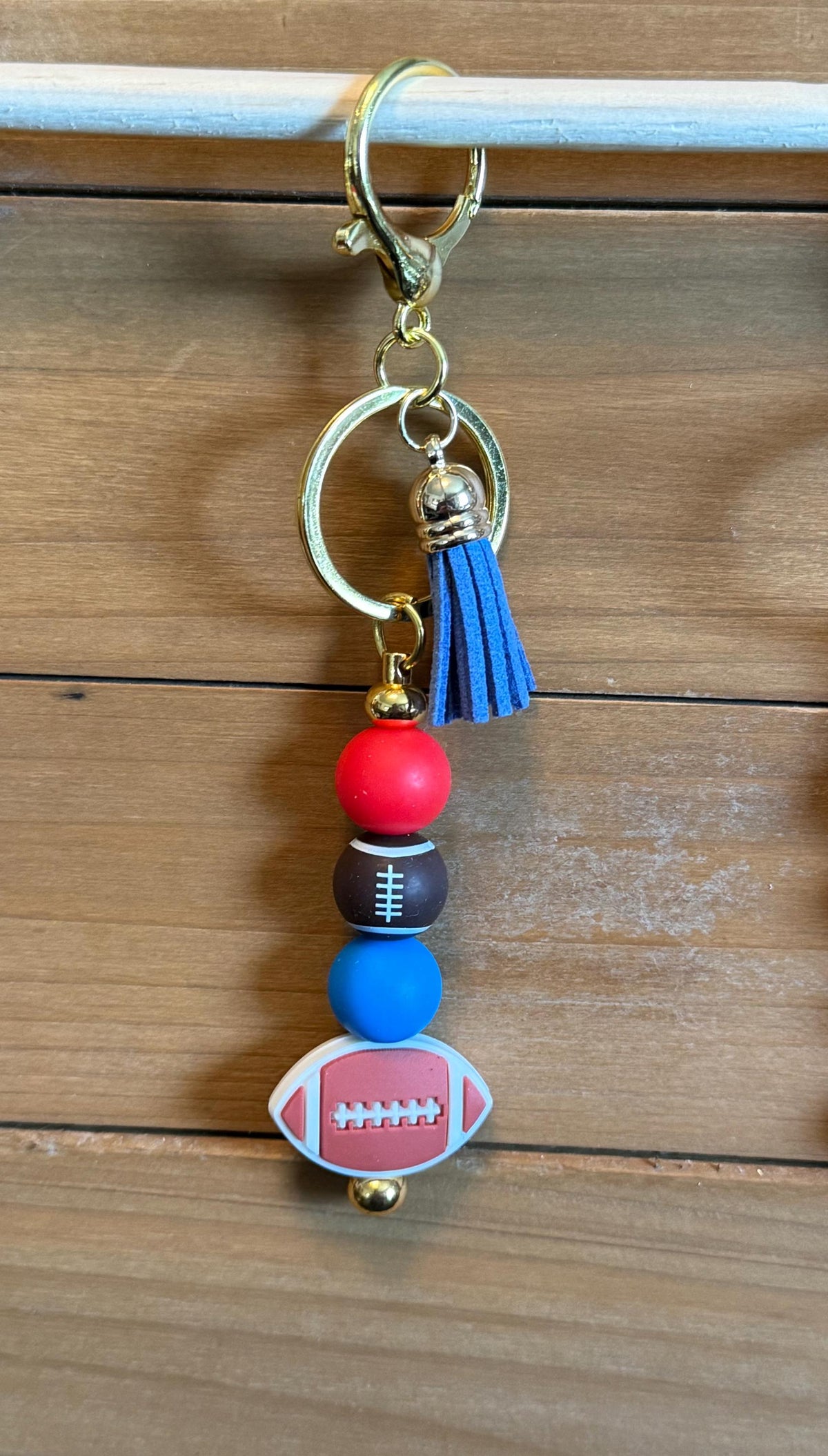 Football Gameday Silicone Beaded Keychain with Leather Tassel
