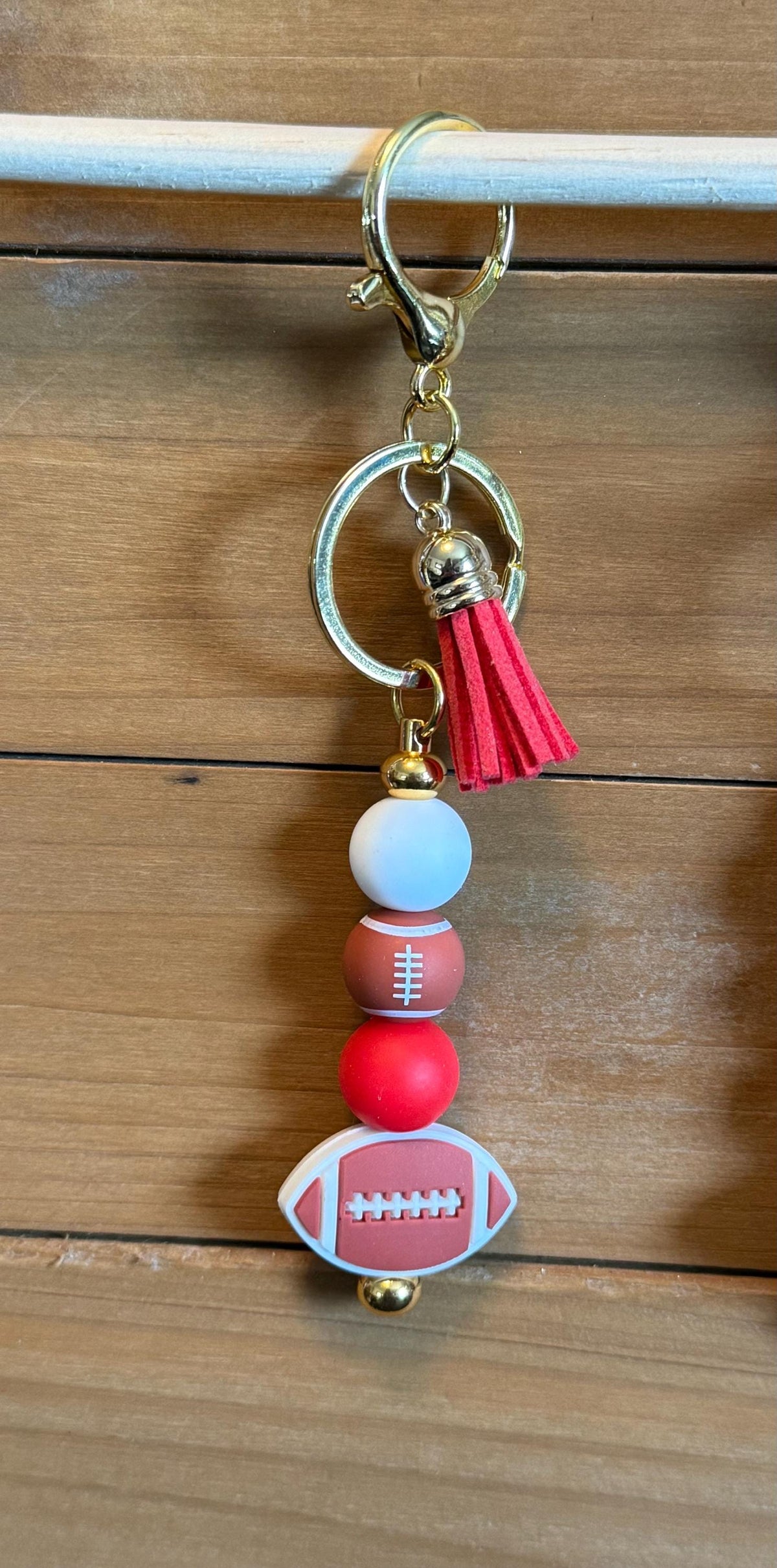 Football Gameday Silicone Beaded Keychain with Leather Tassel