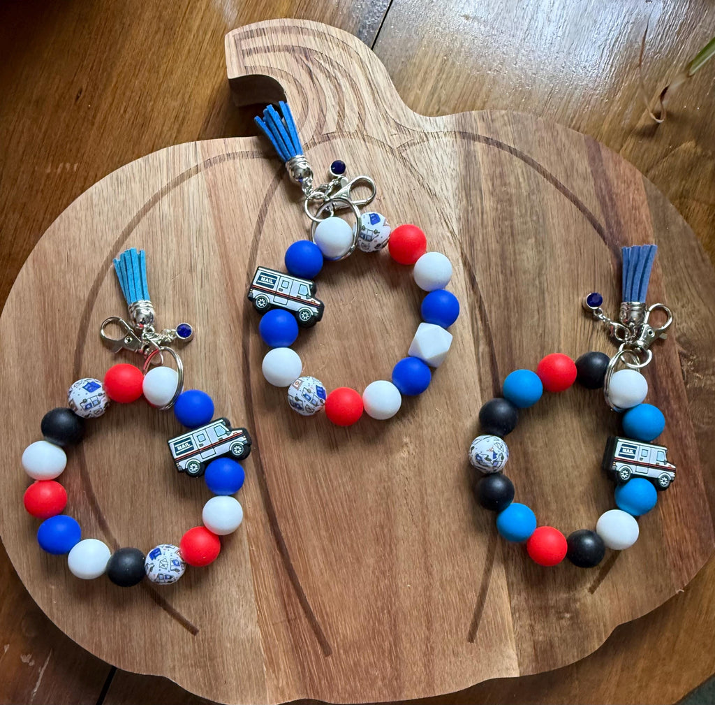 Mail Carrier Delivery Truck Silicone Beaded Wristlet Bracelet Keychain with Leather Tassel