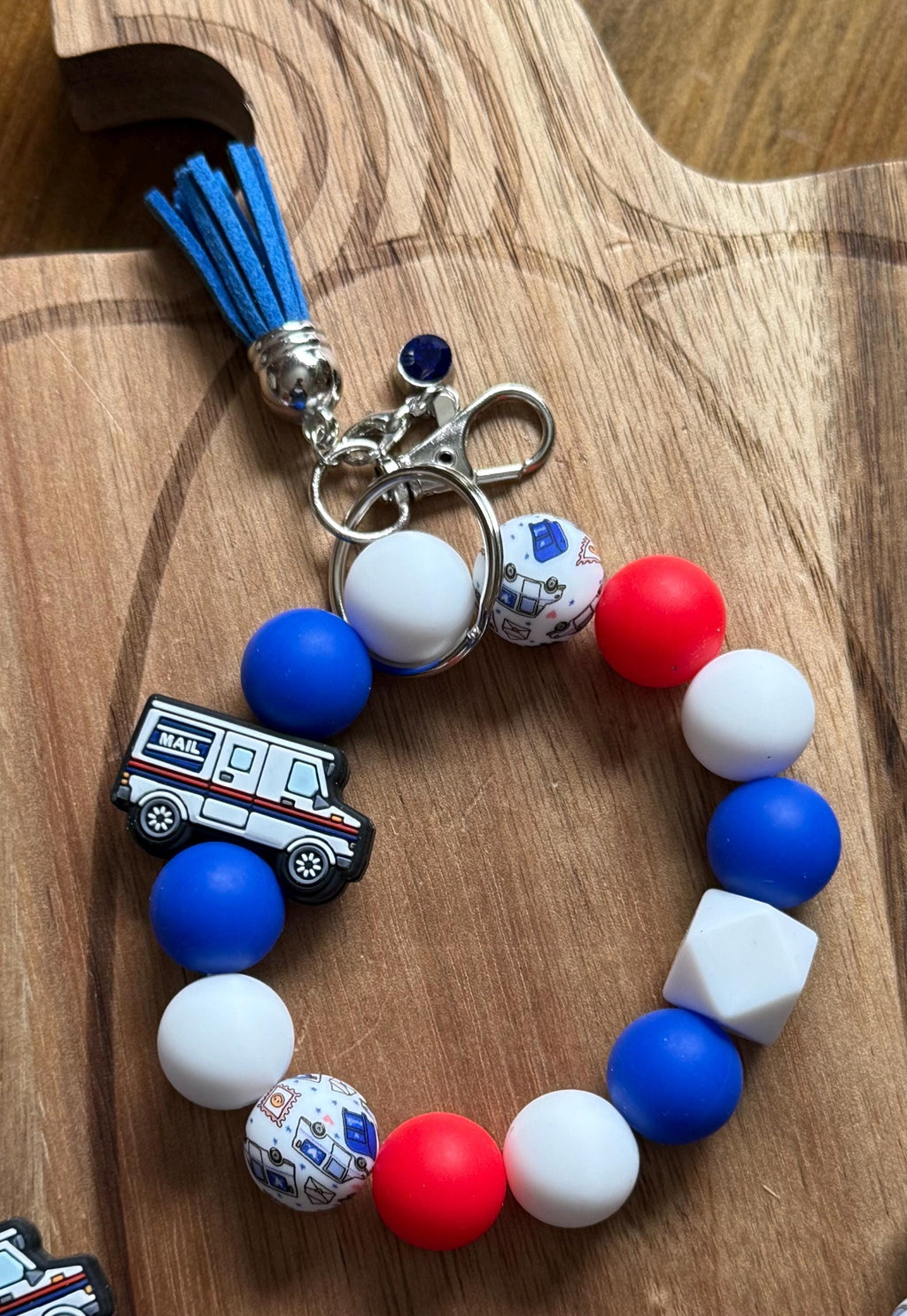 Mail Carrier Delivery Truck Silicone Beaded Wristlet Bracelet Keychain with Leather Tassel