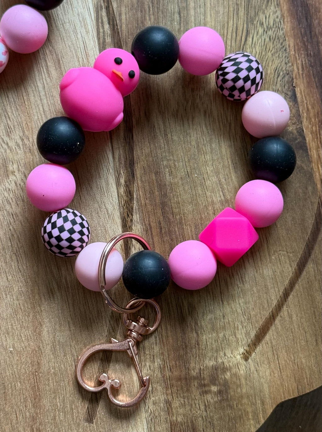 Pink & Black Rubber Duck Silicone Beaded Wristlet Keychain with Leather Tassel