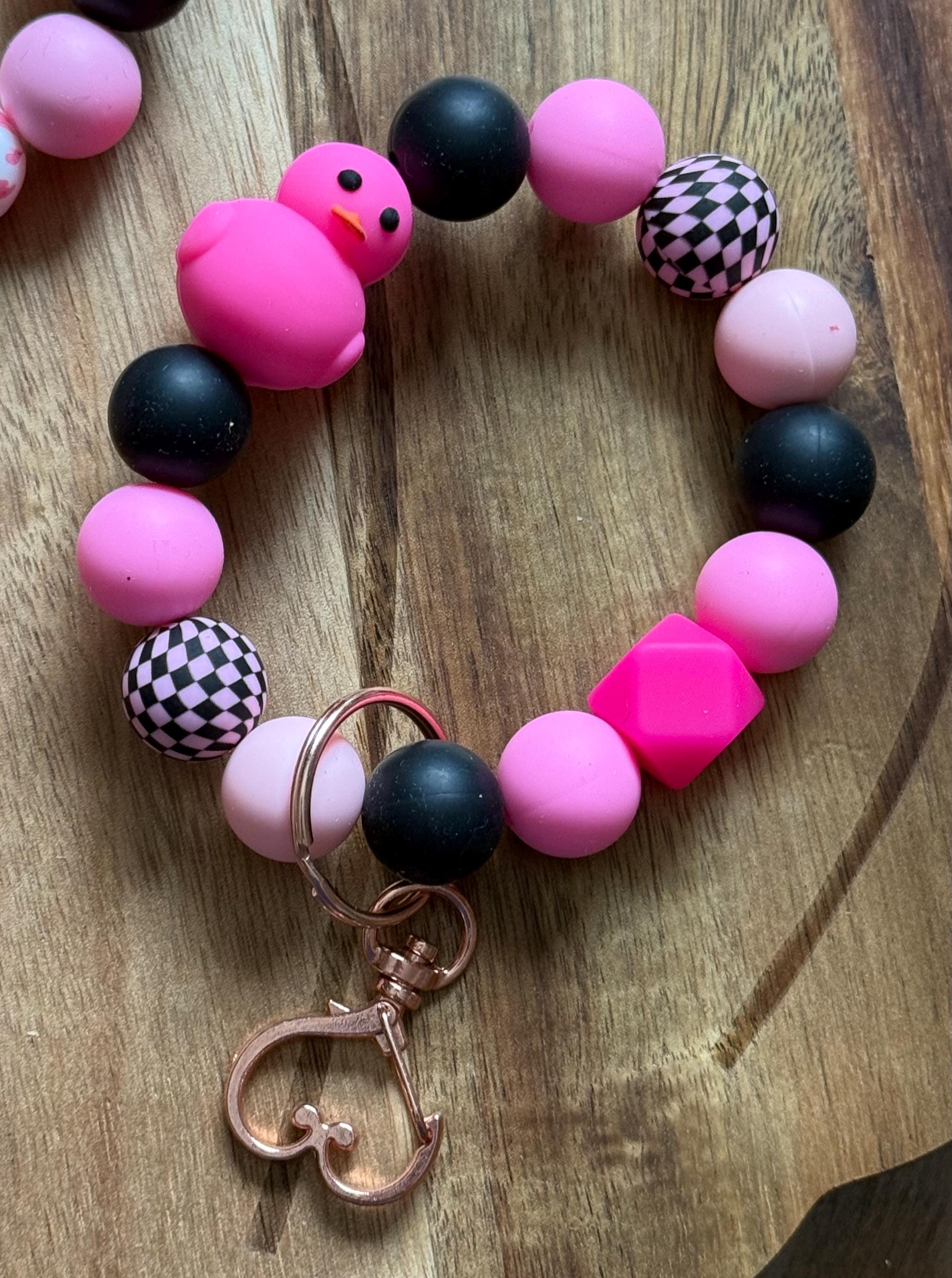 Pink & Black Rubber Duck Silicone Beaded Wristlet Keychain with Leather Tassel