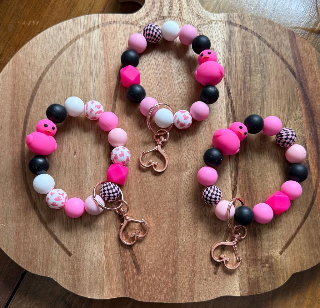 Pink & Black Rubber Duck Silicone Beaded Wristlet Keychain with Leather Tassel
