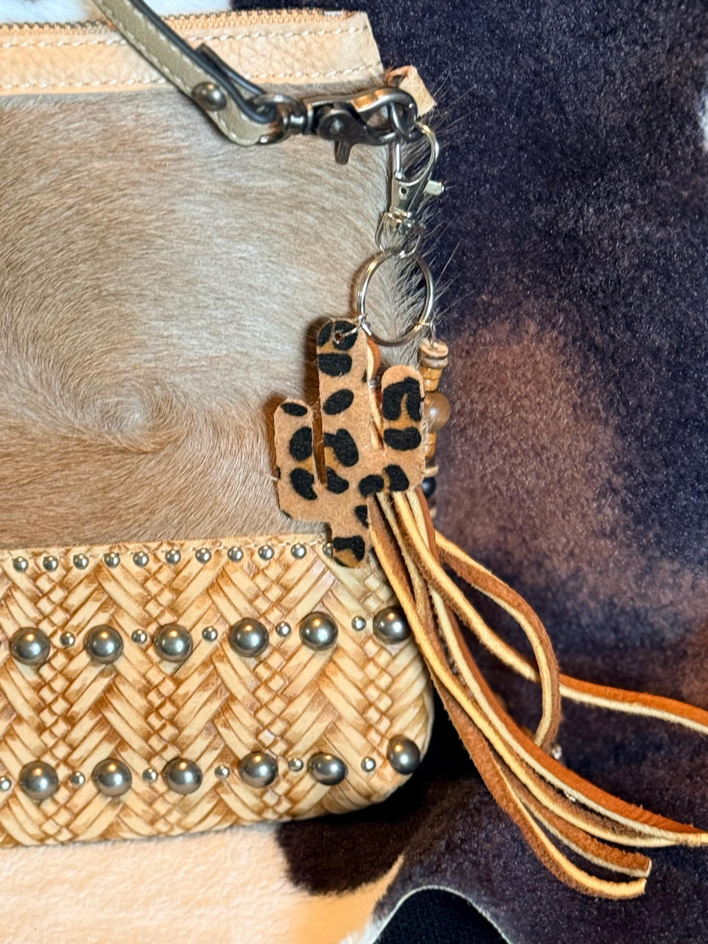 NEW! P & G Western Collection Leather Crossbody Handbag Purse With Hair On Cowhide. Has a hair on cheetah print cactus and leather fringe