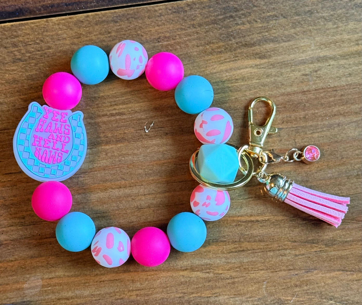 Western Silicone Beaded Wristlet Bracelet Keychain | Leather Tassel & Crystal Accent | Cowgirl Style