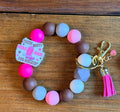 Western Silicone Beaded Wristlet Bracelet Keychain | Leather Tassel & Crystal Accent | Cowgirl Style